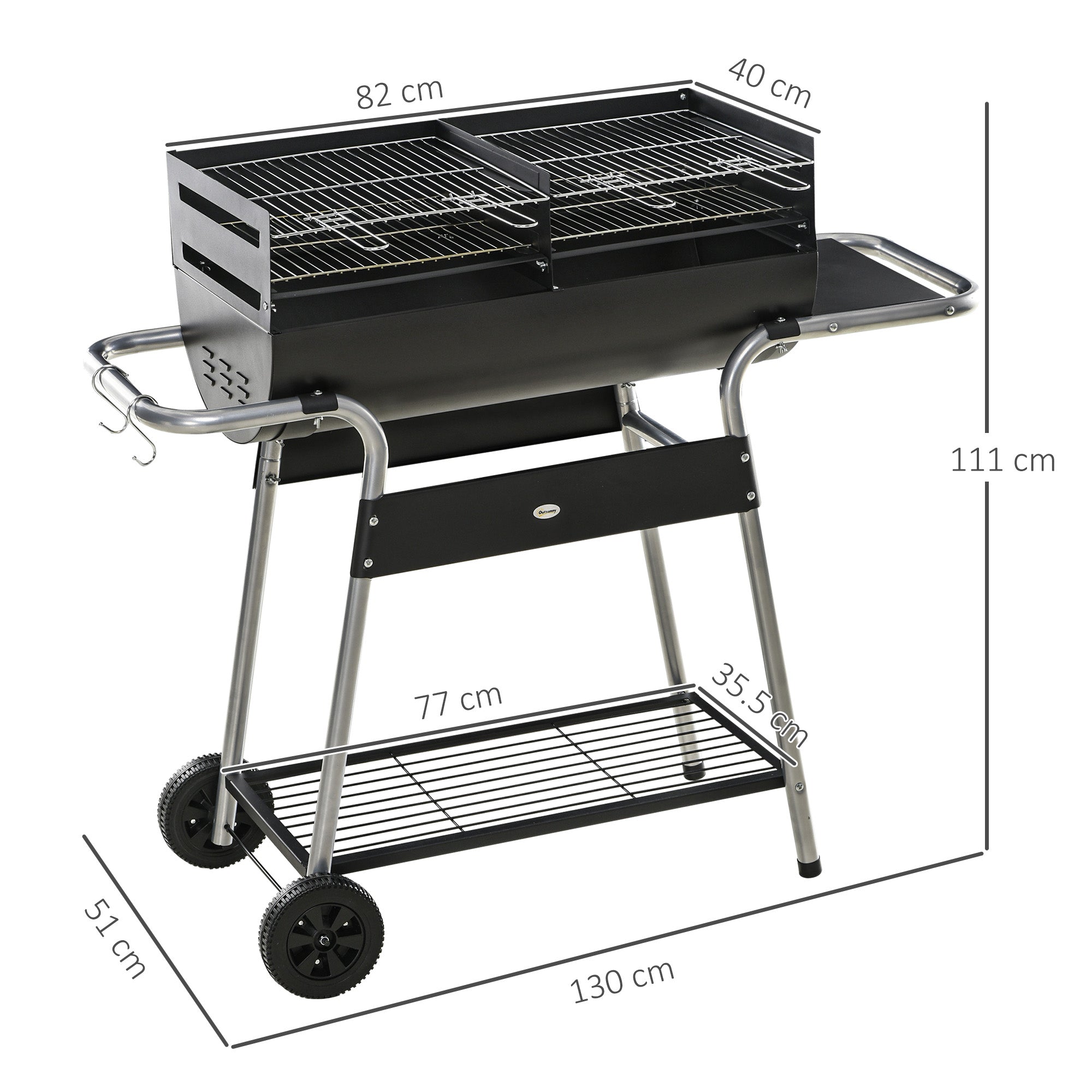 Outsunny Charcoal Barbecue Grill BBQ Trolley with Double Grill, Adjustable Grill Height, Side Table, Storage Shelf, and Wheels for Outdoor Cooking, 130 x 51 x 111cm, Black
