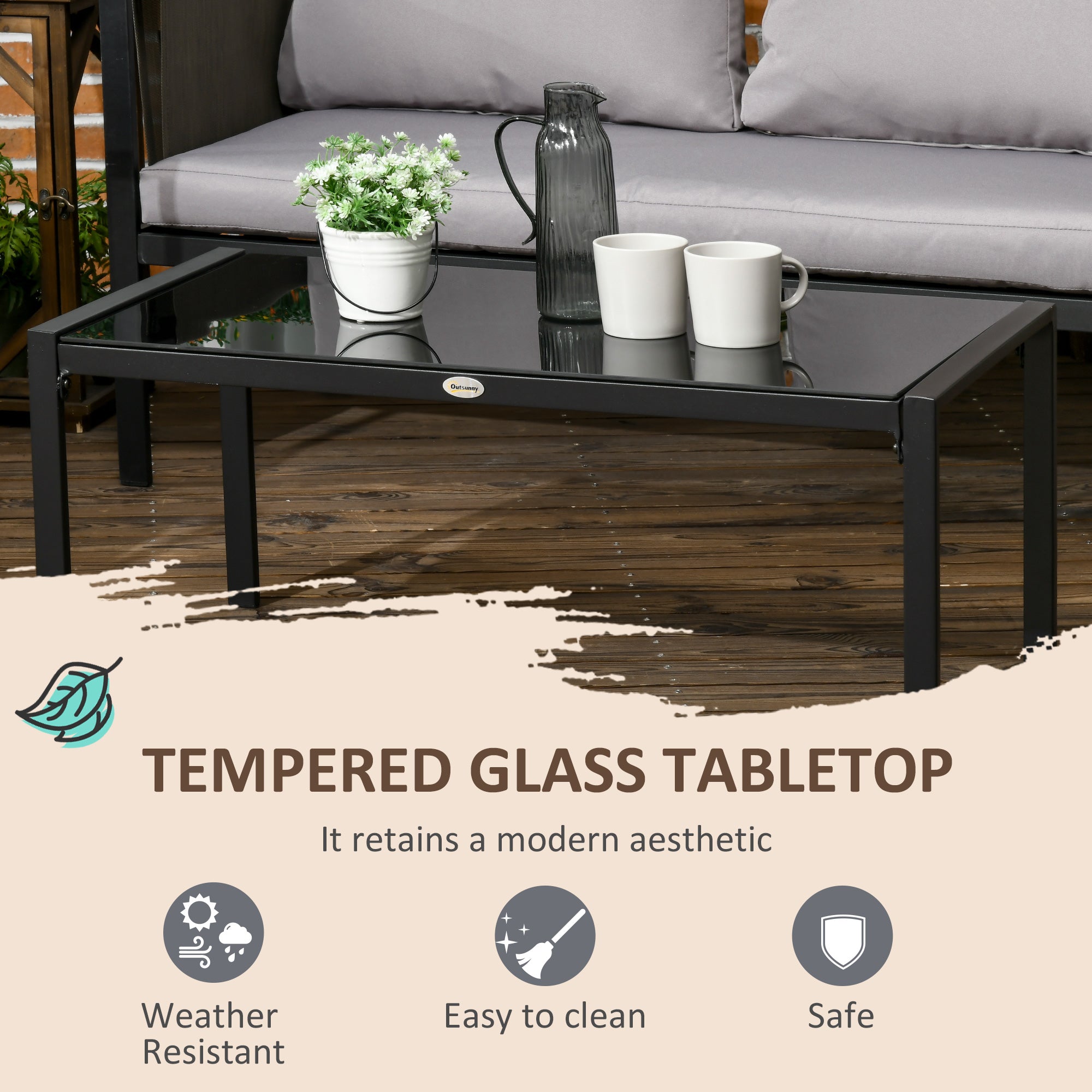 Outsunny 4 Piece Metal Garden Furniture Set with Tempered Glass Coffee Table, Texteline Pocket, Outdoor Set Loveseat Single Armchairs with Padded Cushions, Light Grey