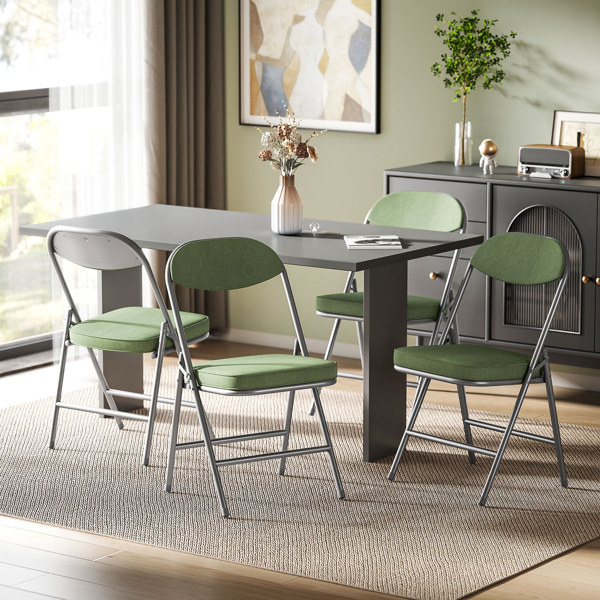 HOMCOM Set of Four Folding Corduroy Seat Chairs - Green