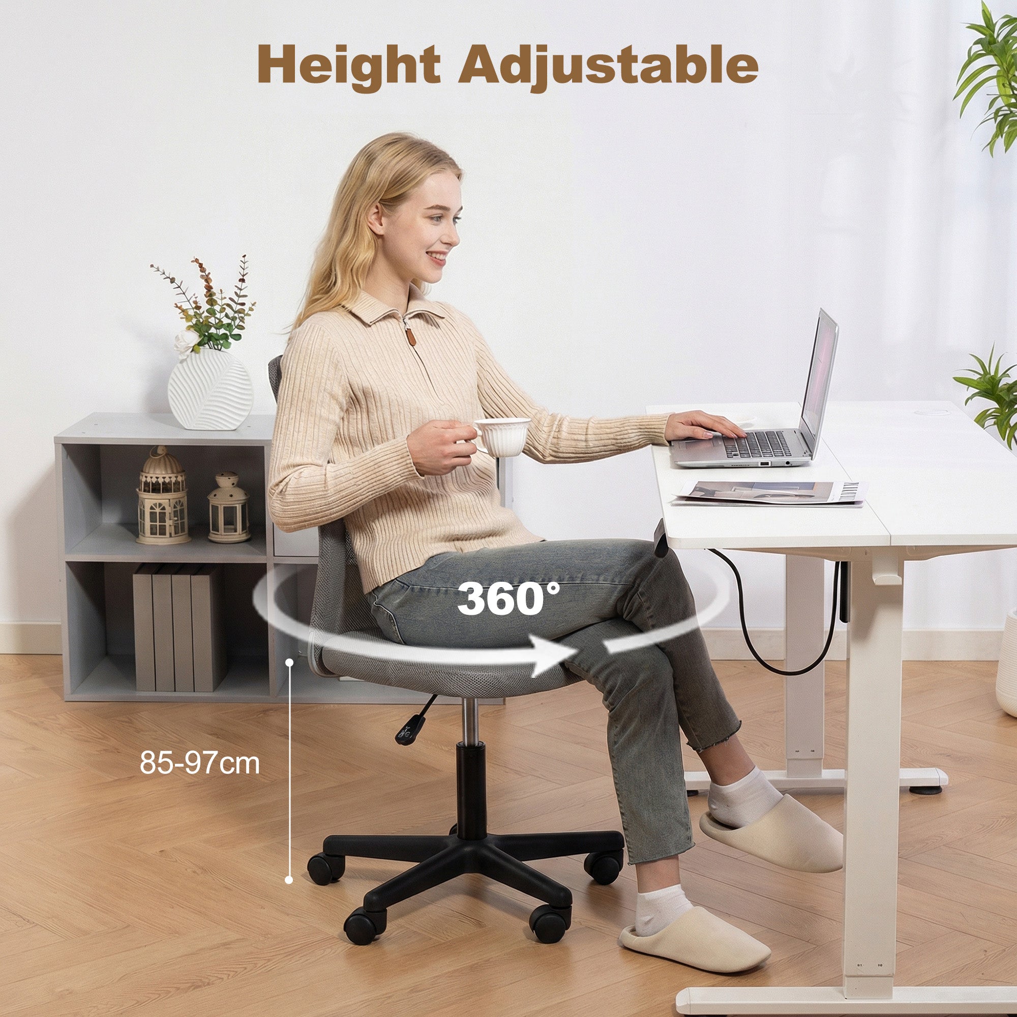 Vinsetto Computer Desk Chair, Mesh Office Chair with Adjustable Height and Swivel Wheels, Armless Study Chair, Grey