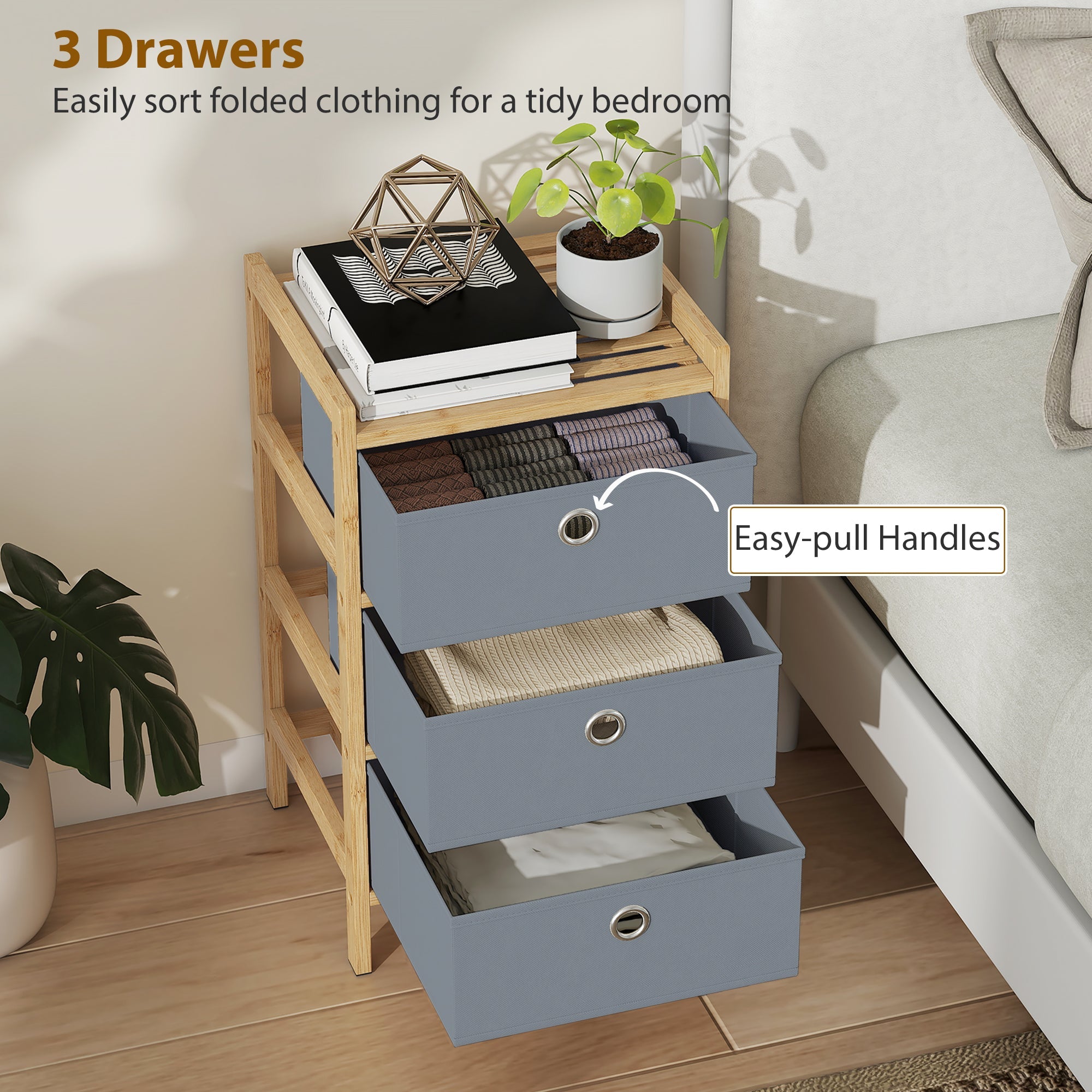 HOMCOM Chest of Drawers, 3 Fabric Drawers Narrow Dresser with Bamboo Frame, Light Grey