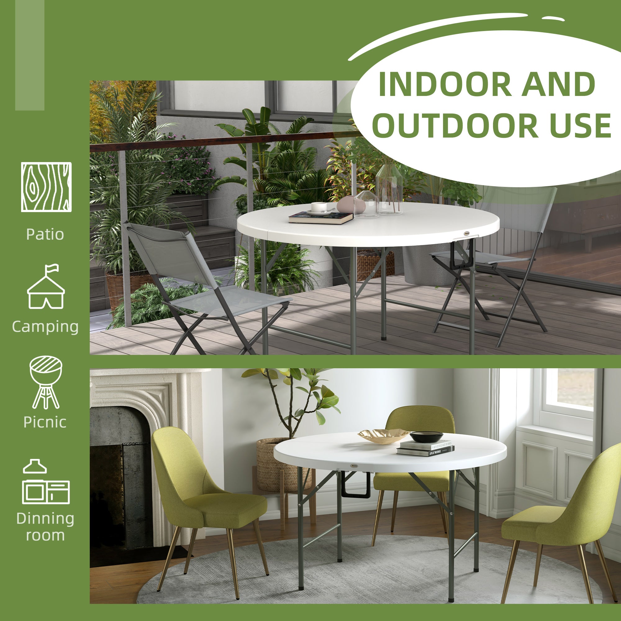 Outsunny Folding Garden Table, 122 cm Round HDPE Outdoor Picnic Table for 6, Metal Frame for Patio, Park, White