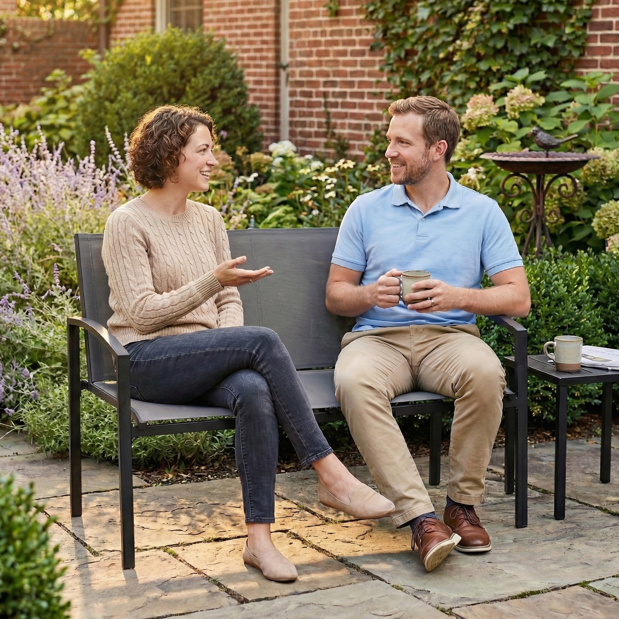 Outsunny Metal Garden Bench, 2 Seater Outdoor Furniture Seating with Breathable Texteline Fabric, Park Patio Seat, Grey