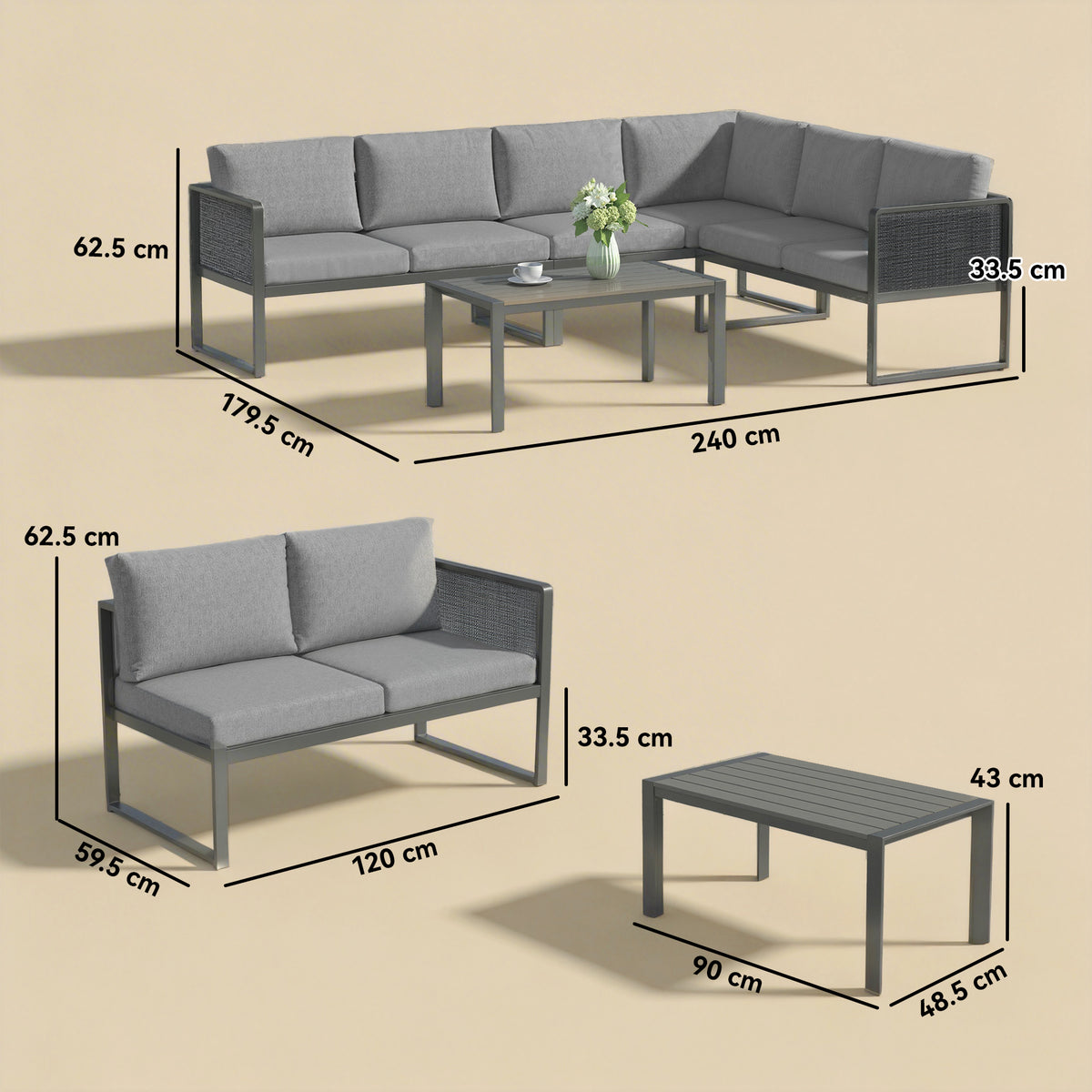 Outsunny 6 Seater Metal Garden Furniture Corner Sofa Set with 3 Loveseats, Faux Wood Table, Texteline Seat, Cushions, Dark Grey