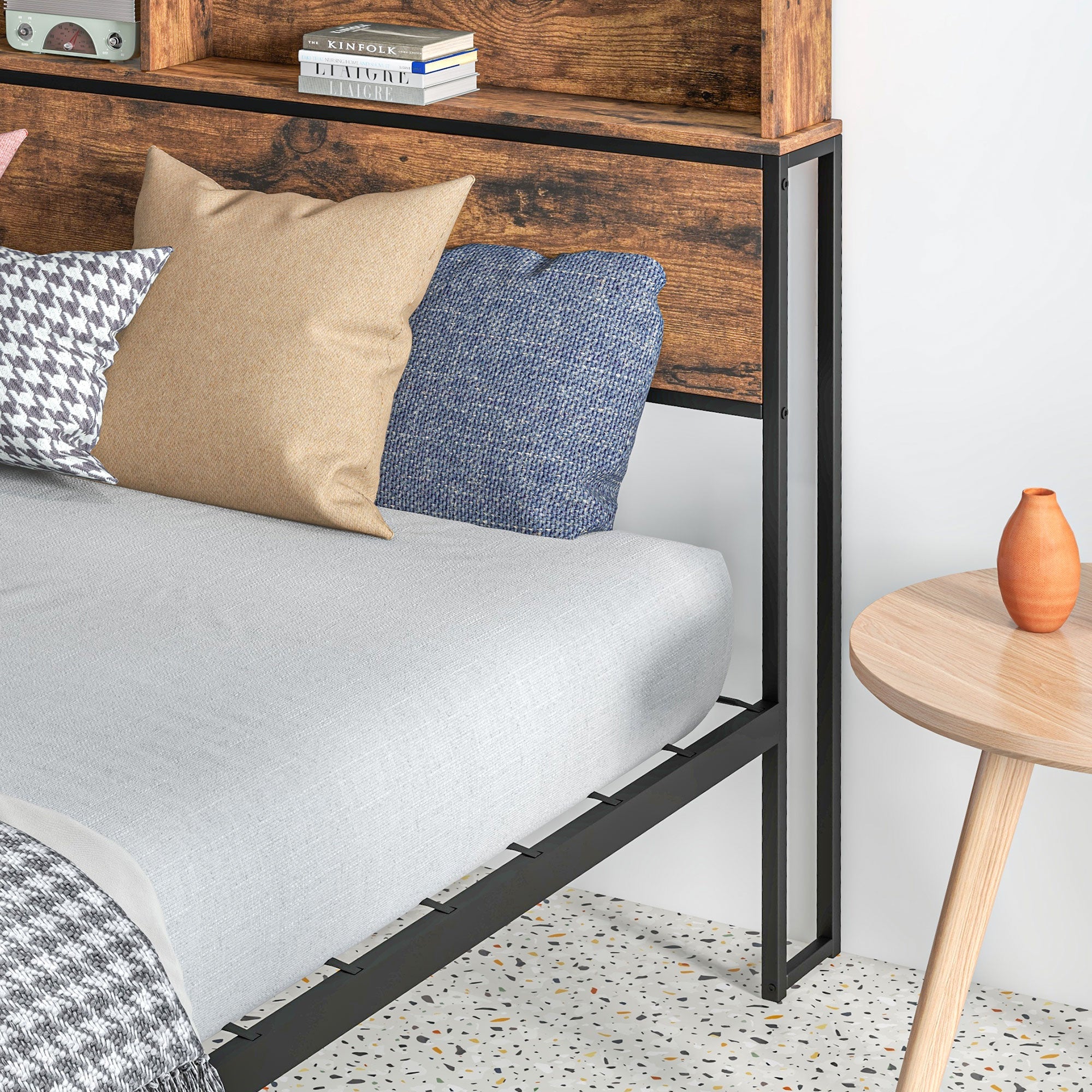 HOMCOM Industrial Double Bed Frame, 4.6FT Steel Bed Base with Storage Headboard, Footboard, Slatted Support and Under Bed Storage, 141 x 207cm, Rustic Brown