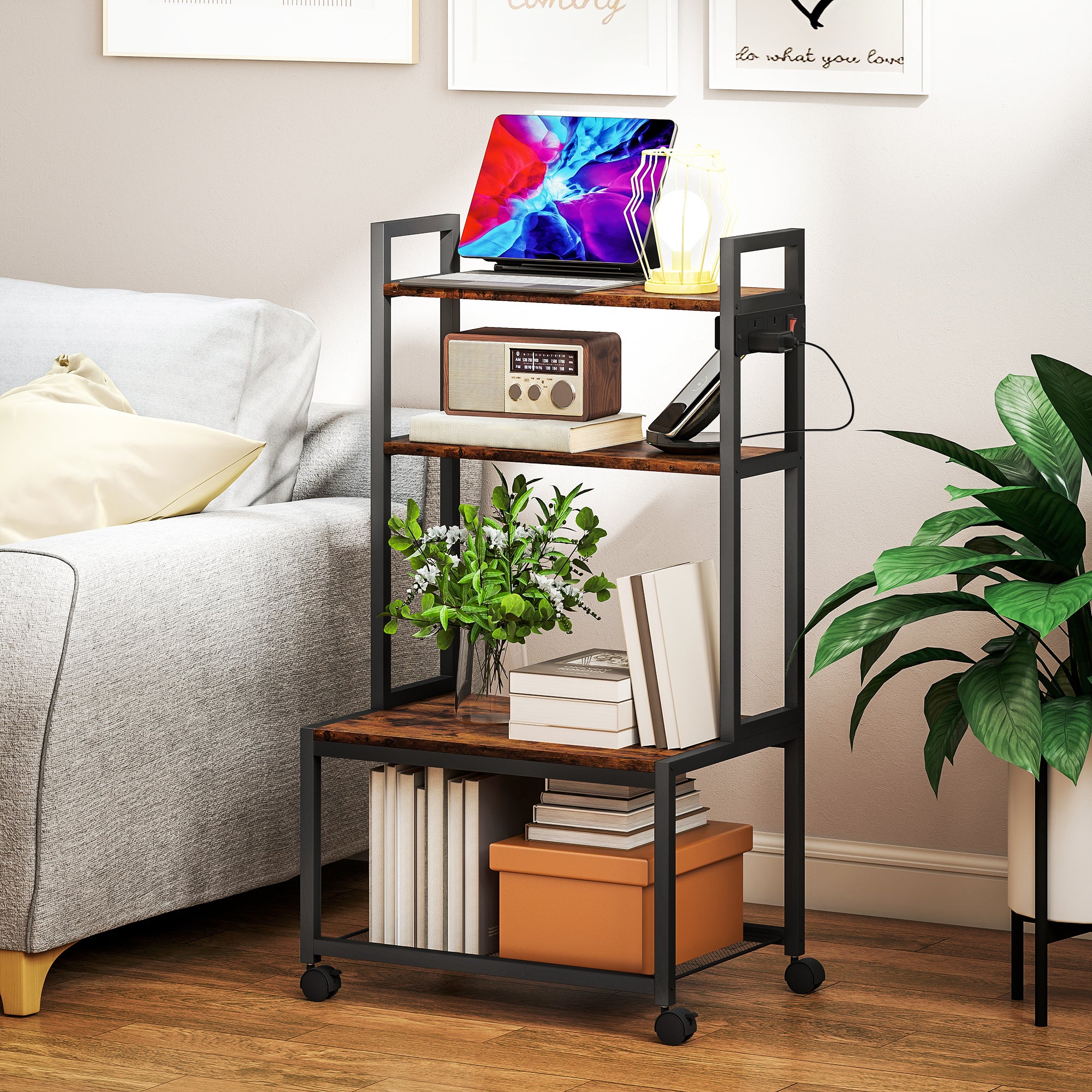 HOMCOM 4-Tier Printer Stand with Power Outlets and Wheels - Rustic Brown