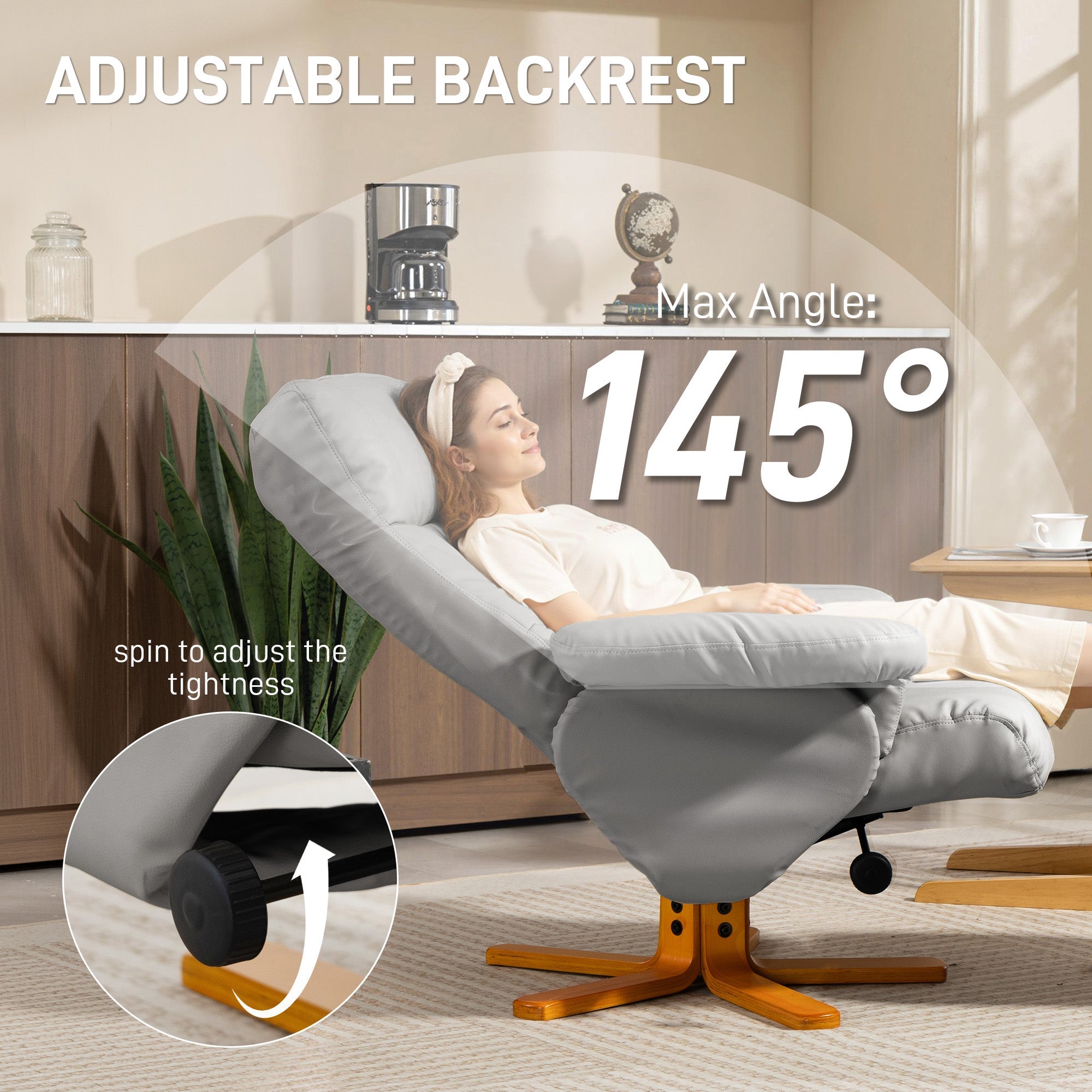 HOMCOM PU Leather Swivel Recliner Chair with Footstool, Wooden Base and Storage for Living Room, Light Grey