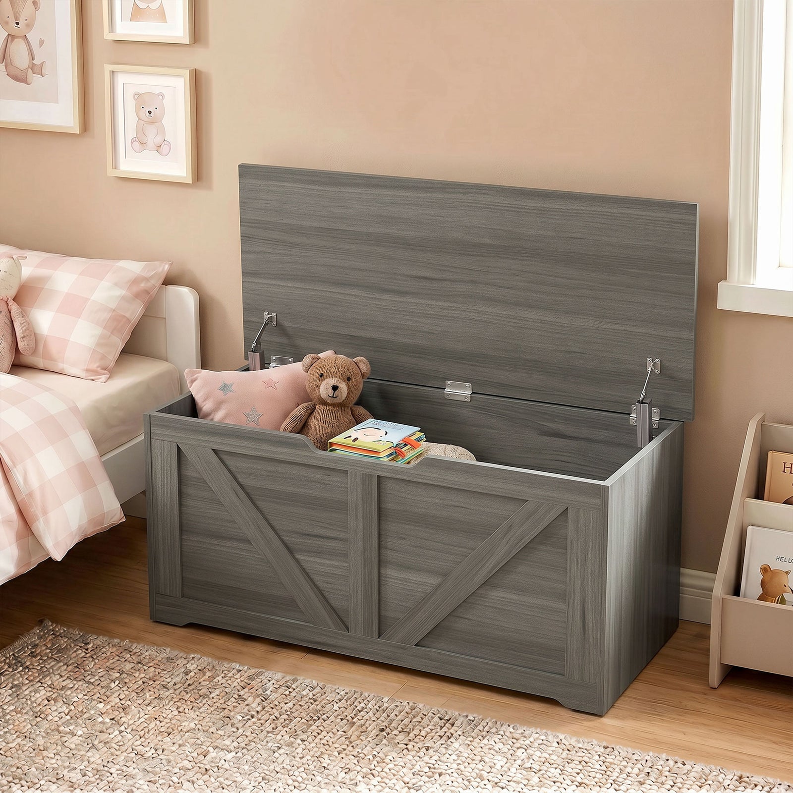 HOMCOM 127L Home Storage Box, with Safety Hinges - Dark Grey Wood-Effect