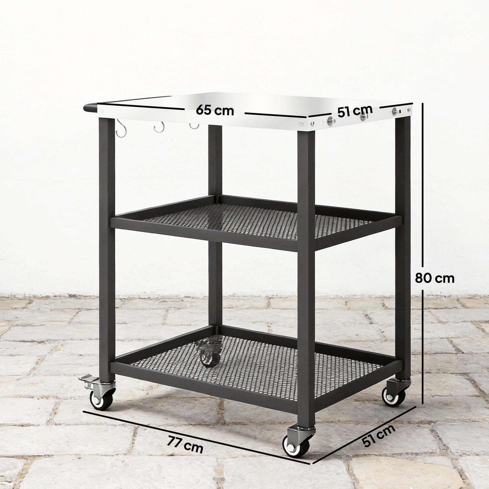 Outsunny Outdoor Grill Cart with Stainless Steel Tabletop, 3-Tier Pizza Oven Stand with Adjustable Shelf, Hooks, Wheels, Black