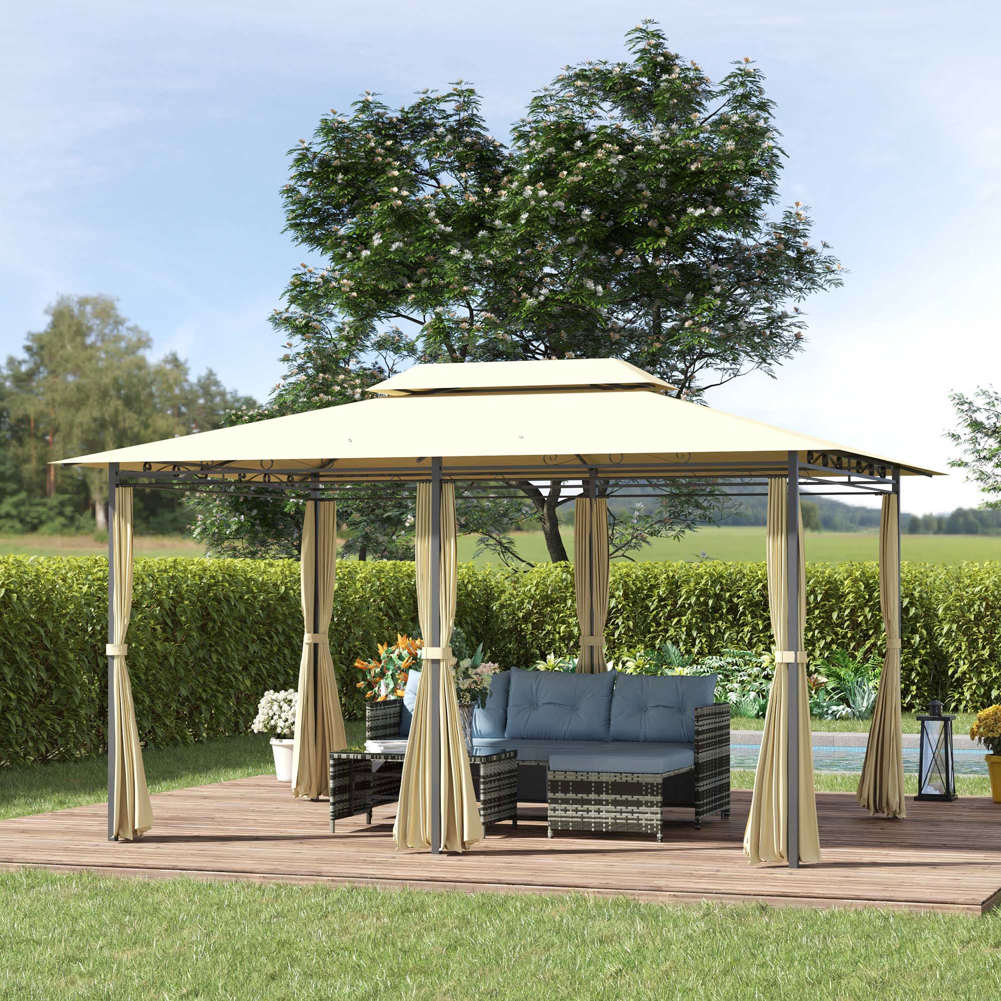 Outsunny 4m x 3(m)Garden Gazebo, Double Roof Outdoor Gazebo Canopy Shelter with Curtains, Solid Steel Frame for Lawn and Deck, Beige