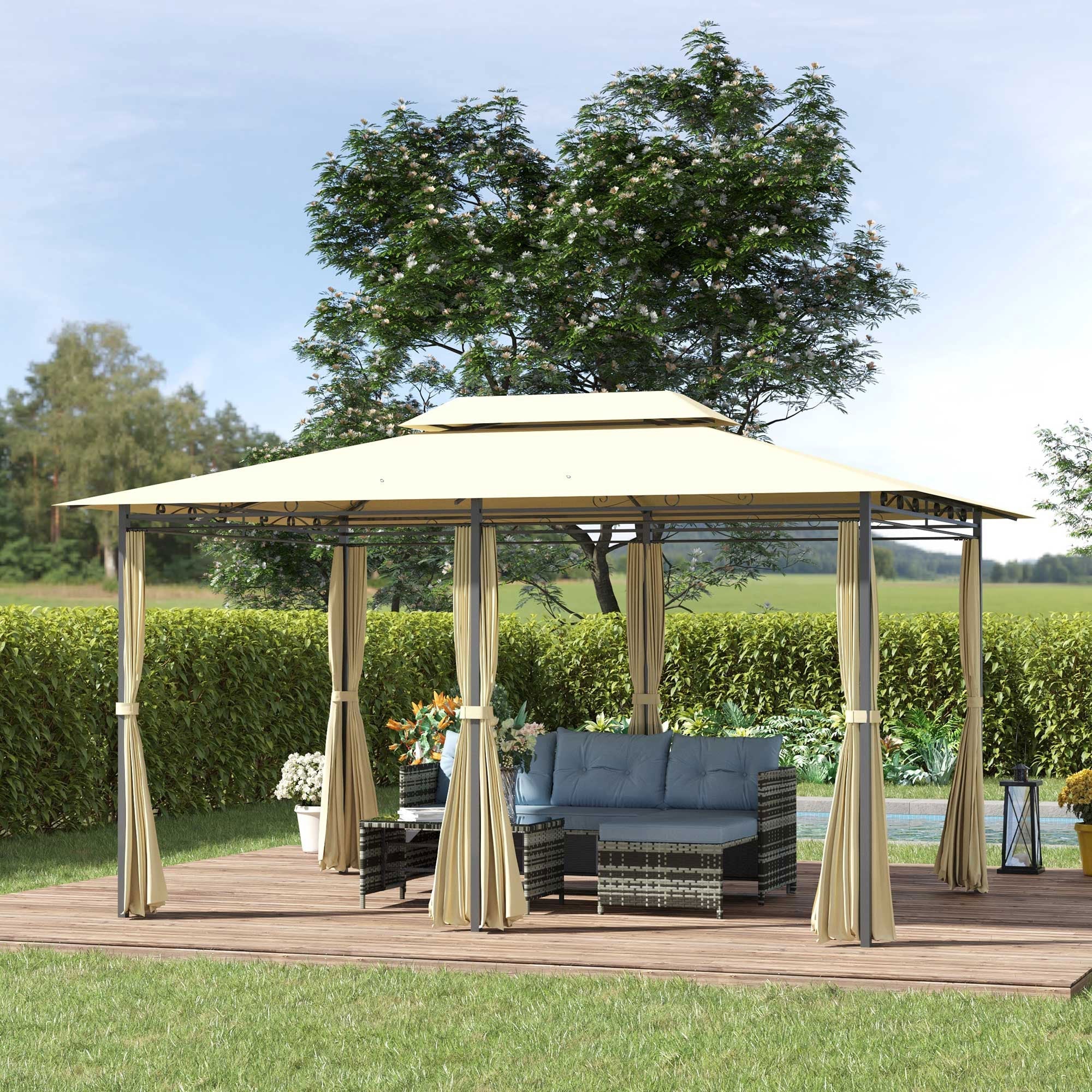 Outsunny 4x3m Gazebo with Curtains, Double Roof Outdoor Shelter for Garden, Solid Steel Frame, Perfect for Lawn & Deck, Beige