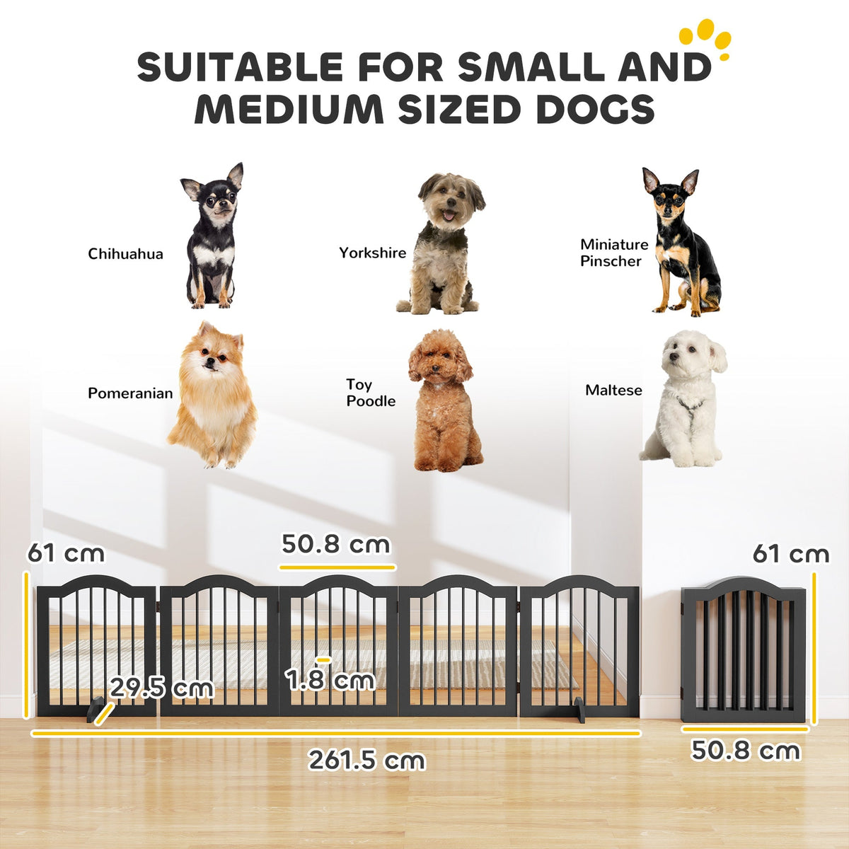 PawHut Wooden Foldable Dog Gate Panel Pet Fence Freestanding Safety Barrier for the House, Doorway, Stairs (Black)