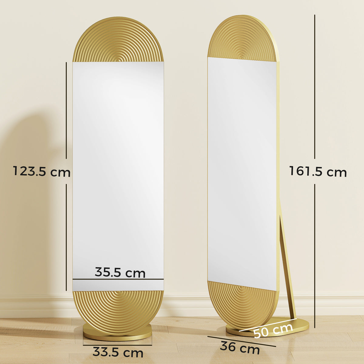 HOMCOM 50 x 161 cm Wavy Full Length Mirror, Free Standing Mirror with Metal Frame and Solid Base, Gold Tone
