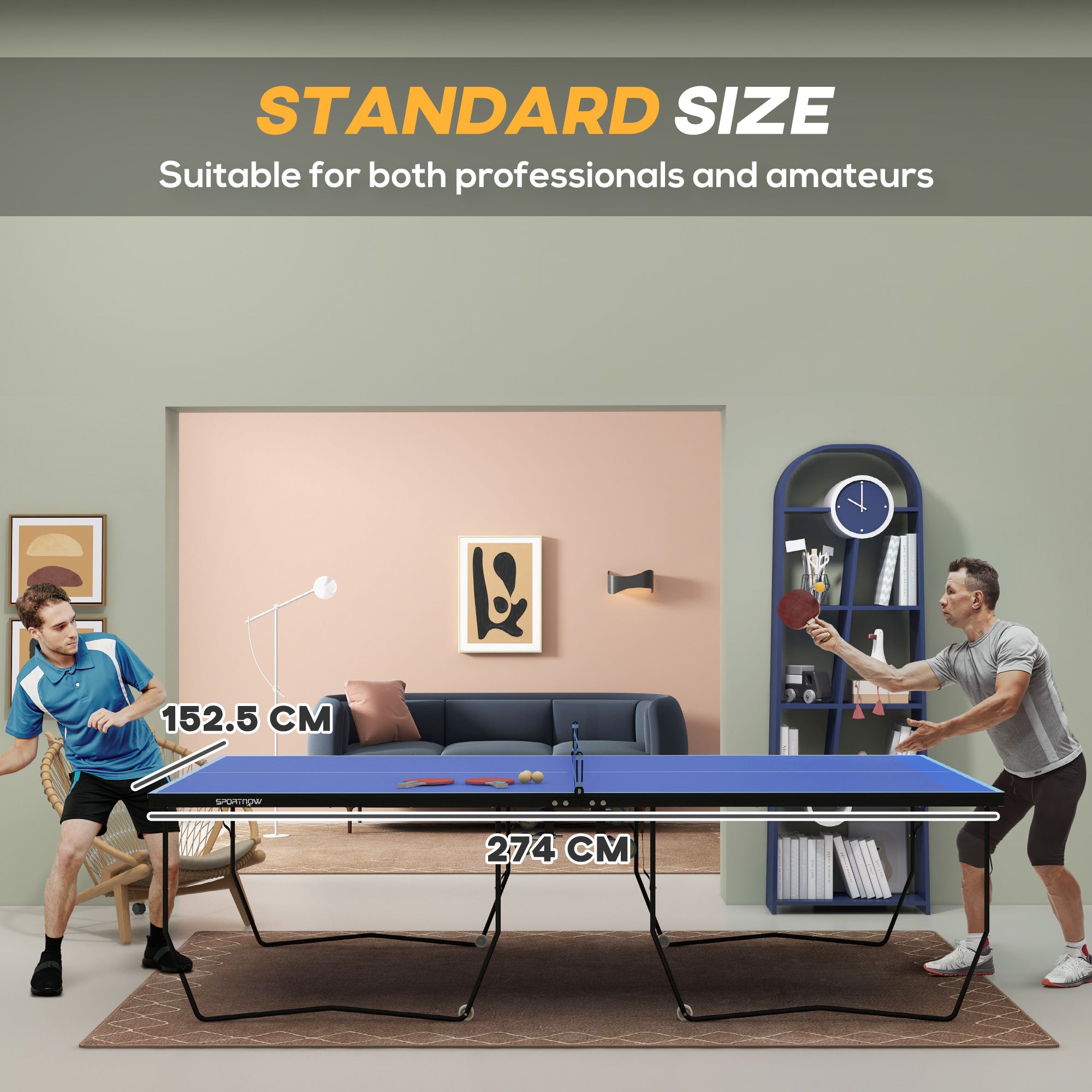 SPORTNOW 9FT Folding Tennis Table, with 8 Wheels, for Indoor Use, Blue