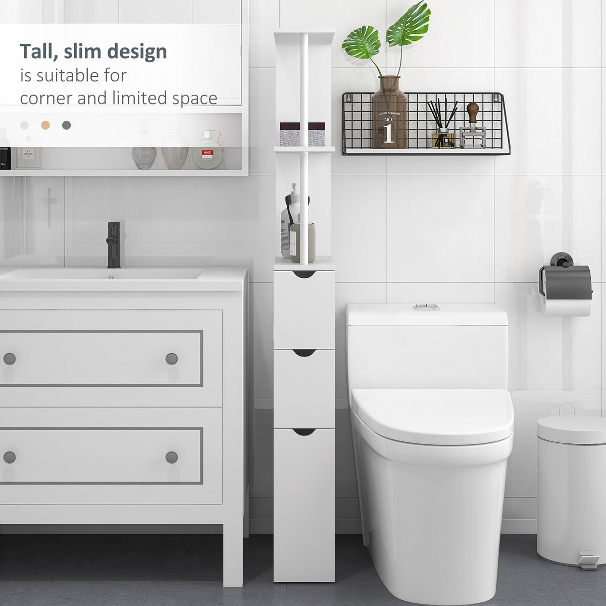 HOMCOM Slim Bathroom Storage Cabinet with Drawers, Tall Bathroom Cupboard with 2-Tier Shelf, White