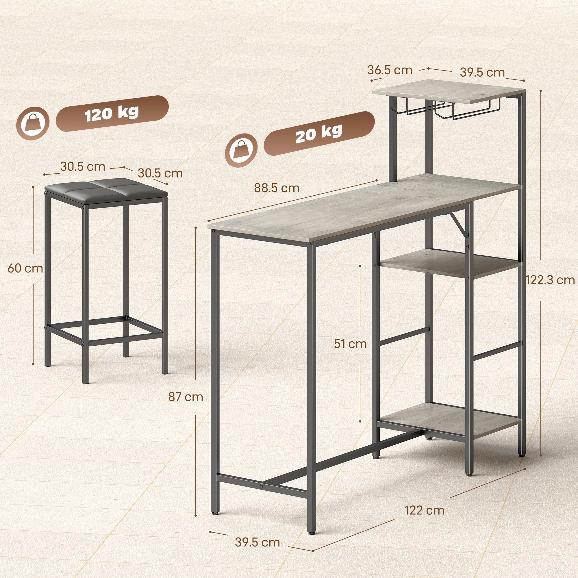 HOMCOM 3 Piece Breakfast Bar Table and Stools Set, Washed Grey