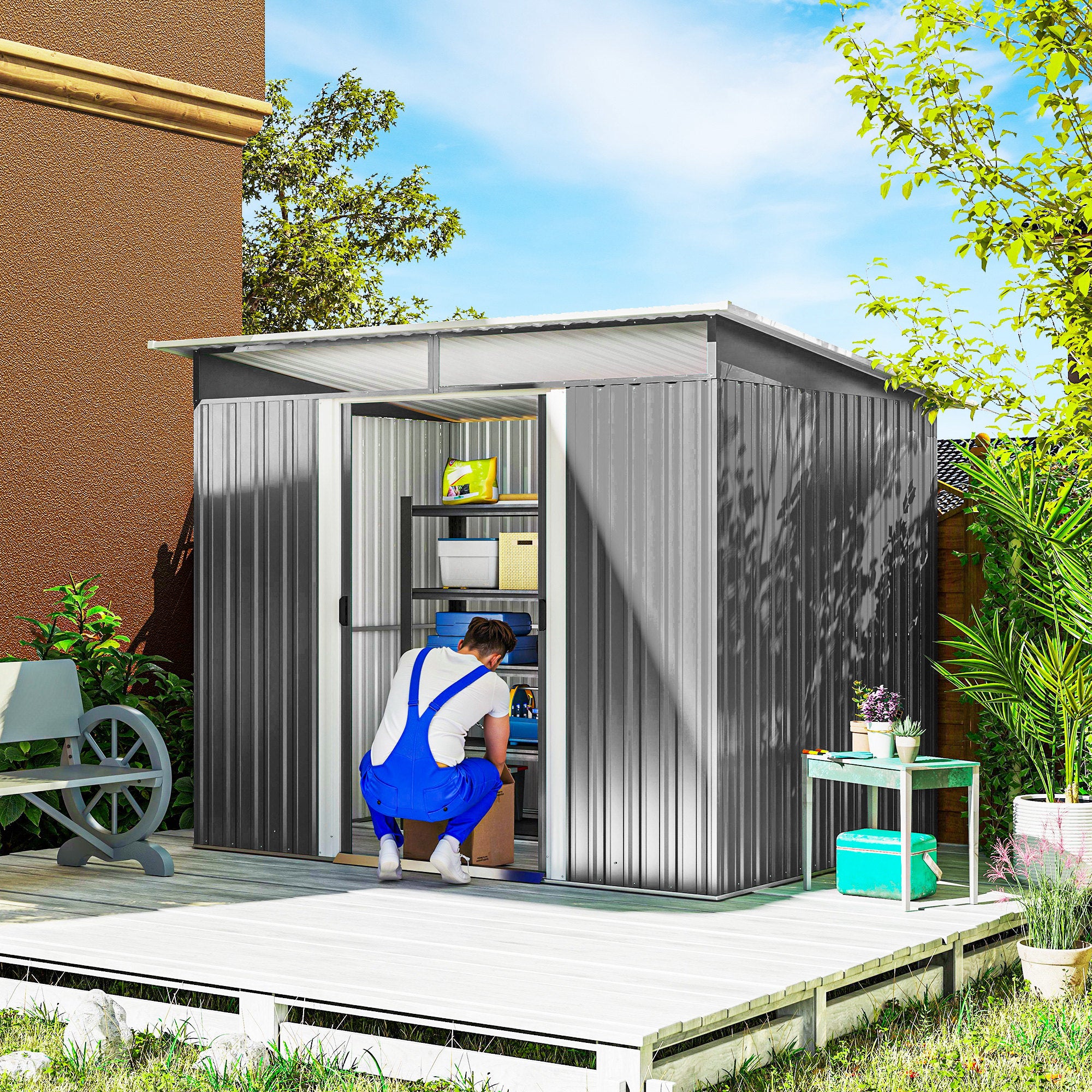 Outsunny Garden Metal Storage Shed House Hut Gardening Tool Storage w/ Tilted Roof and Ventilation 8.5 x 6ft, Grey