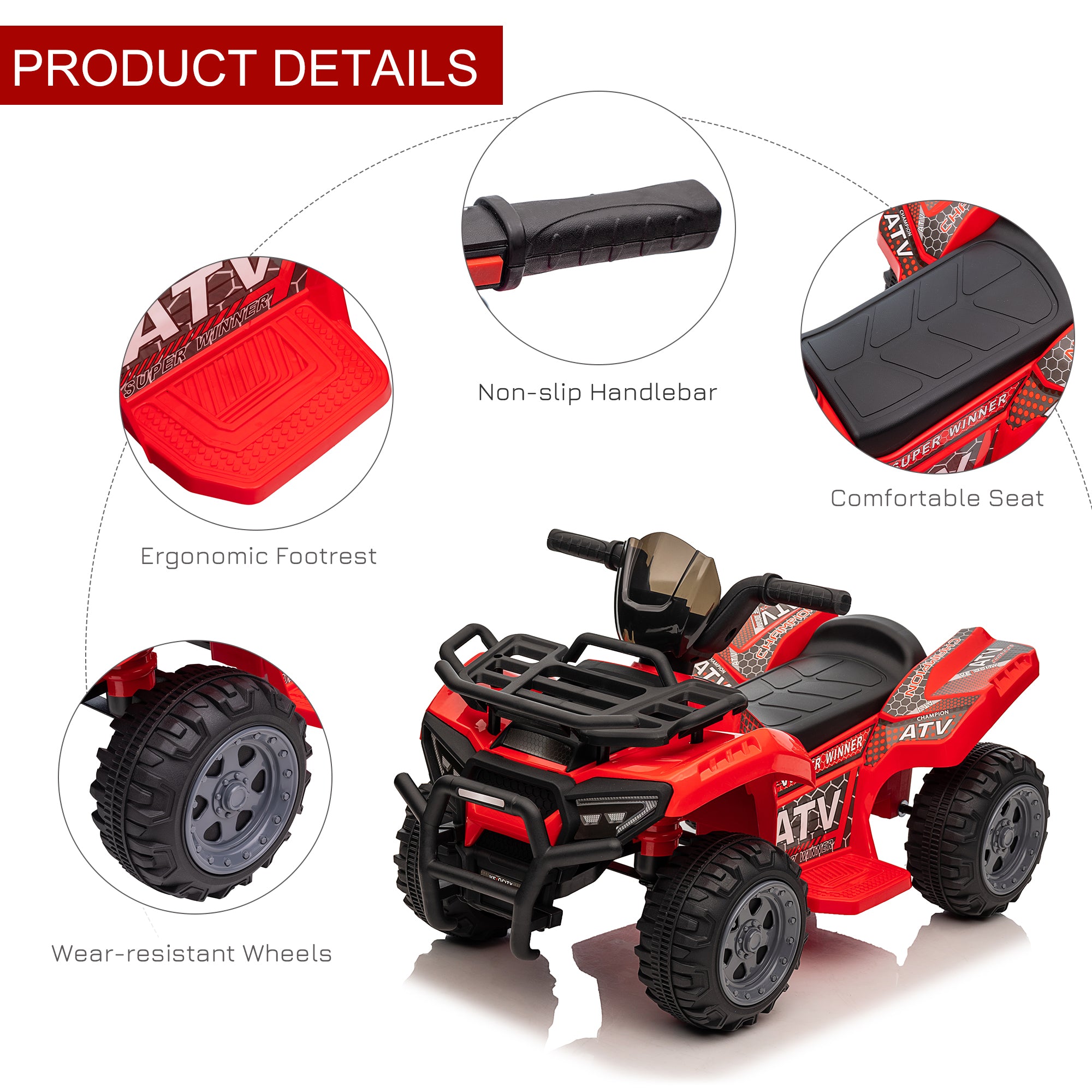 HOMCOM 6V Kids Electric Ride on Car Toddlers Quad Bike All Terrain Vehicle Toy With Music for 18-36 months Red
