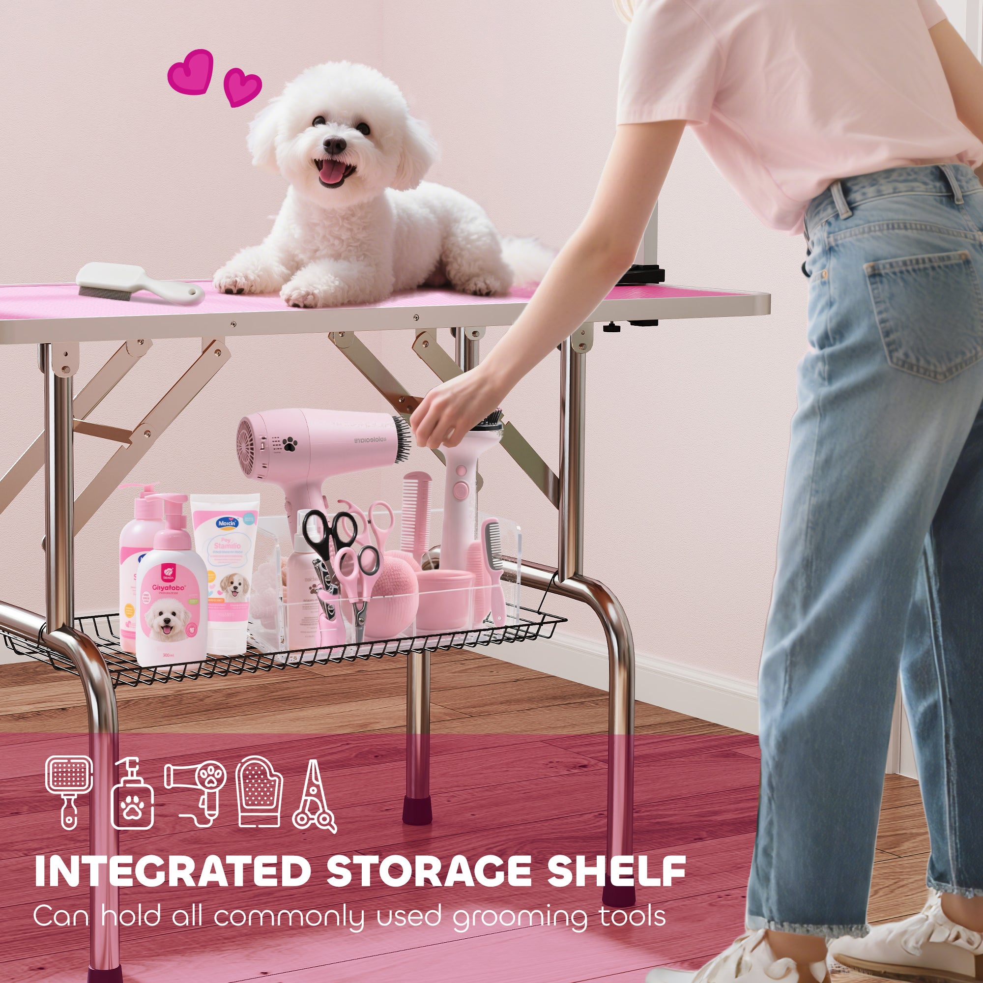 PawHut 42" Dog Grooming Table, Adjustable Pet Cat Drying Beauty Table with 2 Loops Storage Basket, Rubber Top, Pink