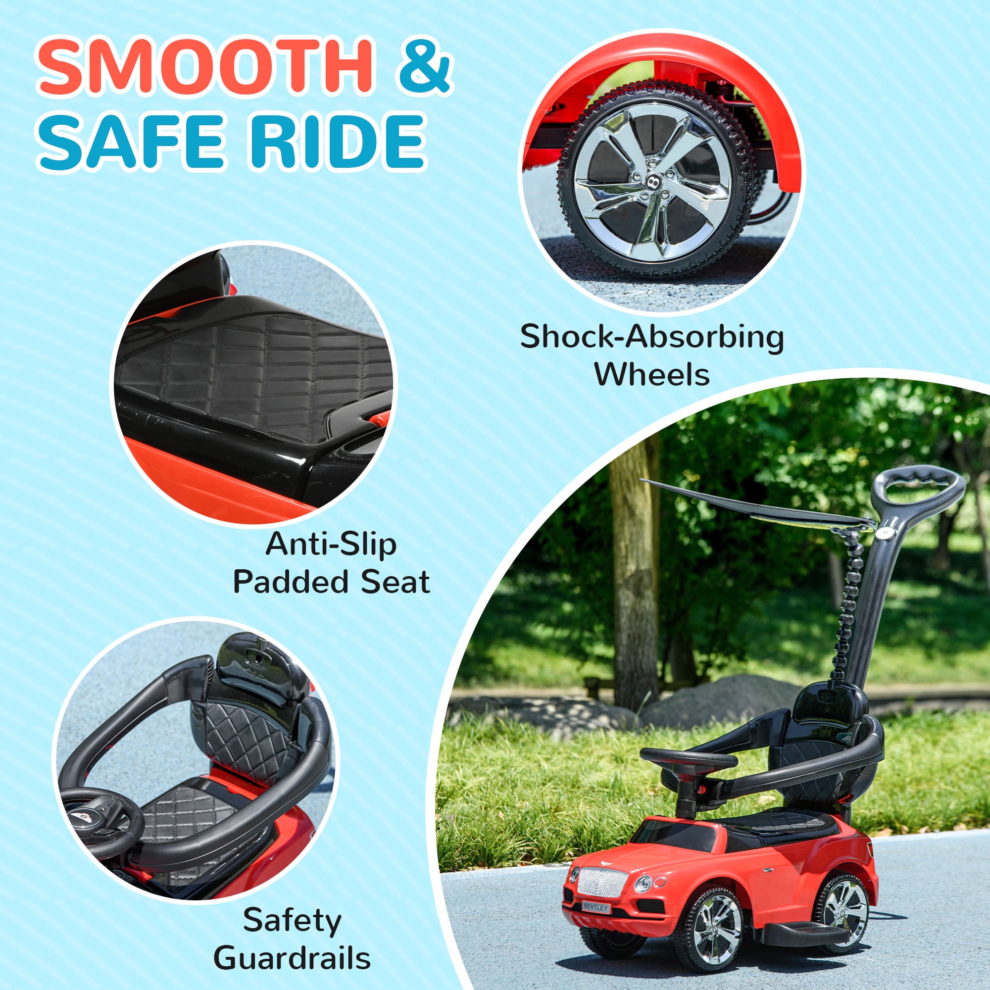 AIYAPLAY Bentley Bentayga Licensed 3-in-1 Baby Push Car, Ride on Car Sliding Car with Canopy, Horn Music - Red