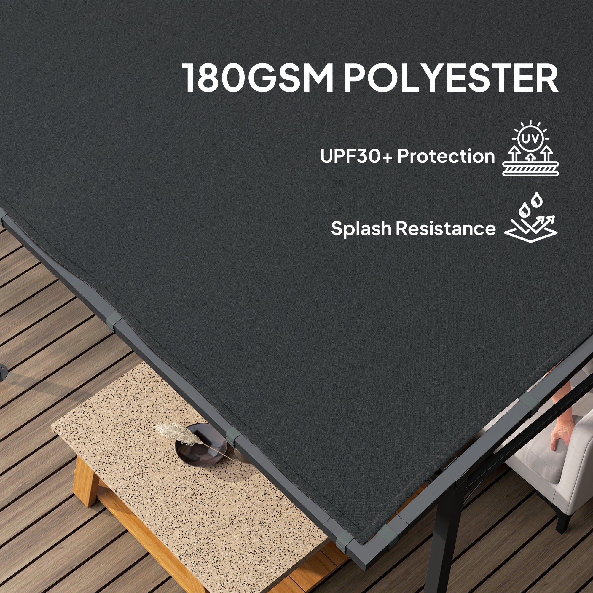 Outsunny 2.4 x 2.4 m Wall Mounted Pergola Gazebo with PA Coating Fabric and Metal Frame, UPF30+, Lean to Garden Gazebo, Wind Resistant Outdoor Sun Shade Shelter for Garden, Deck, Dark Grey