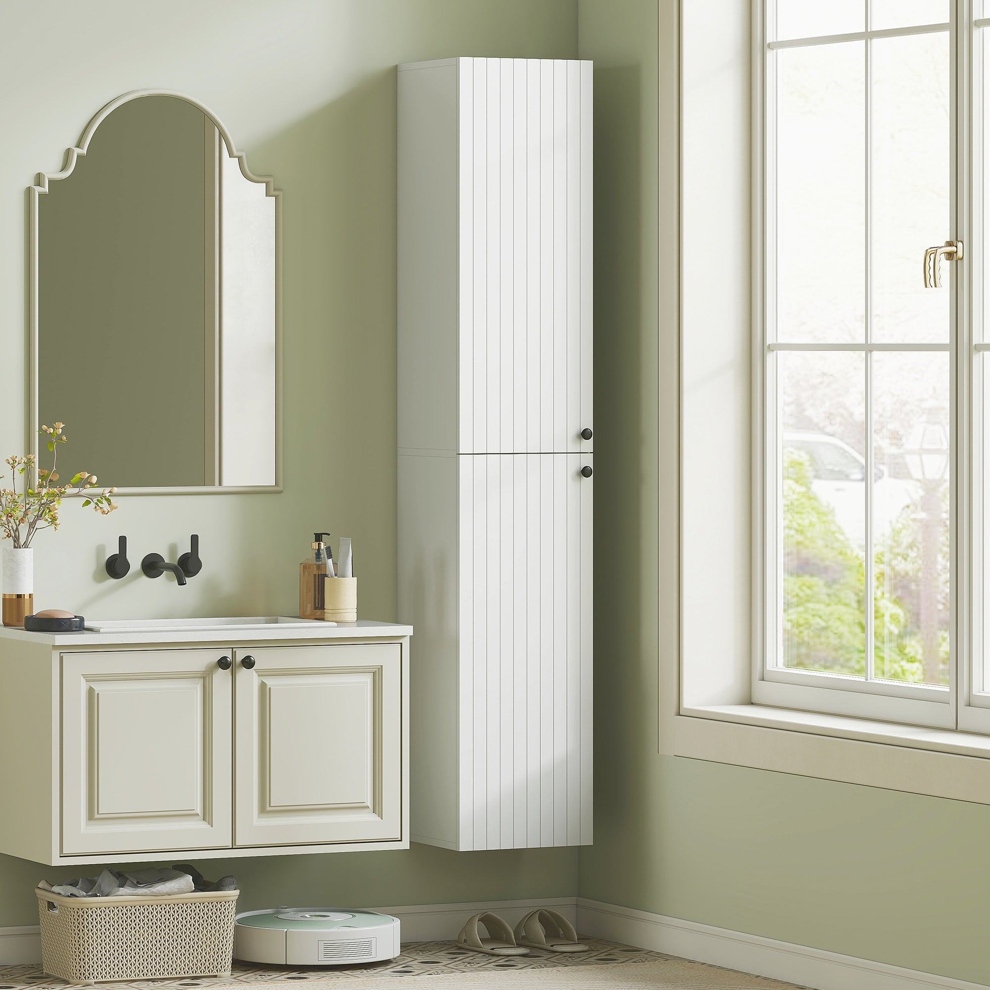 HOMCOM Wall Mounted Tall Bathroom Storage Cabinet with Soft-Close Hinges, Slim Bathroom Cabinet with 2 Doors, White