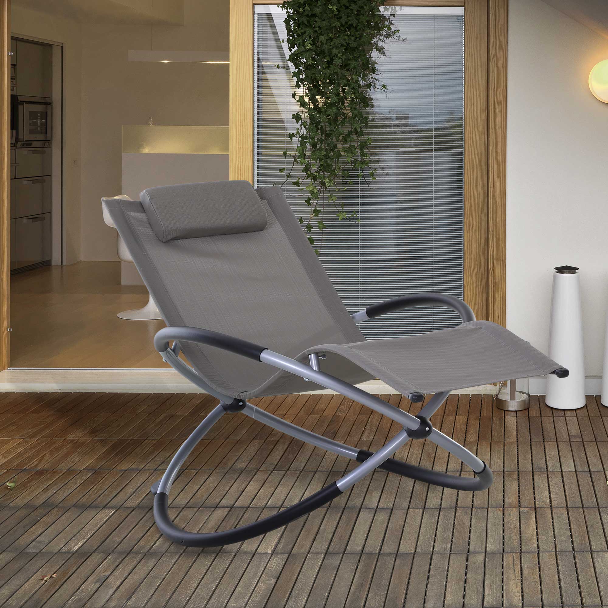 Outsunny Outdoor Orbital Lounger Zero Gravity Patio Chaise Sun Lounger Foldable Rocking Chair with Pillow, Grey