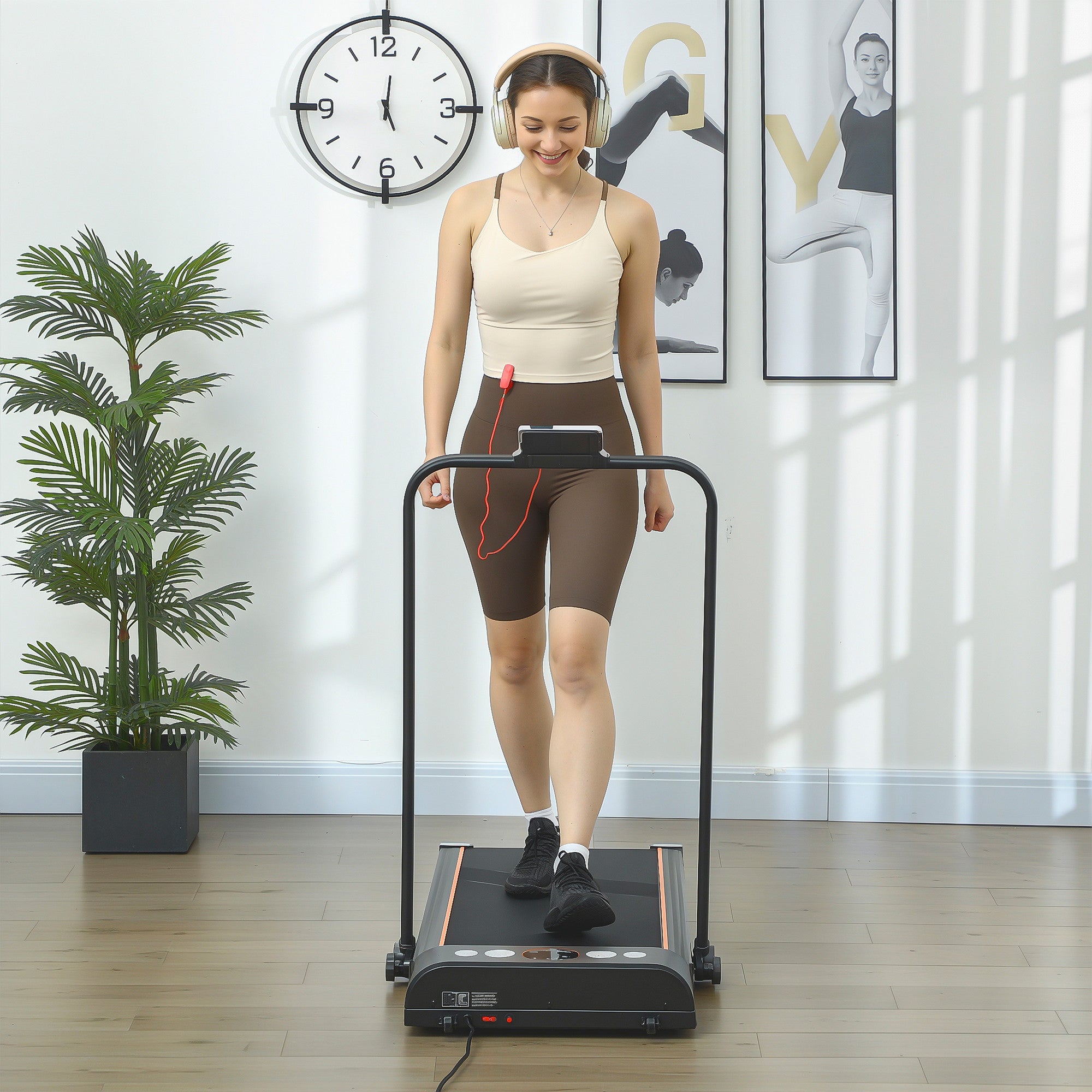 HOMCOM Foldable Walking Treadmill, with LED Display and Wheels, for Home, Office, Fitness Studio, Orange