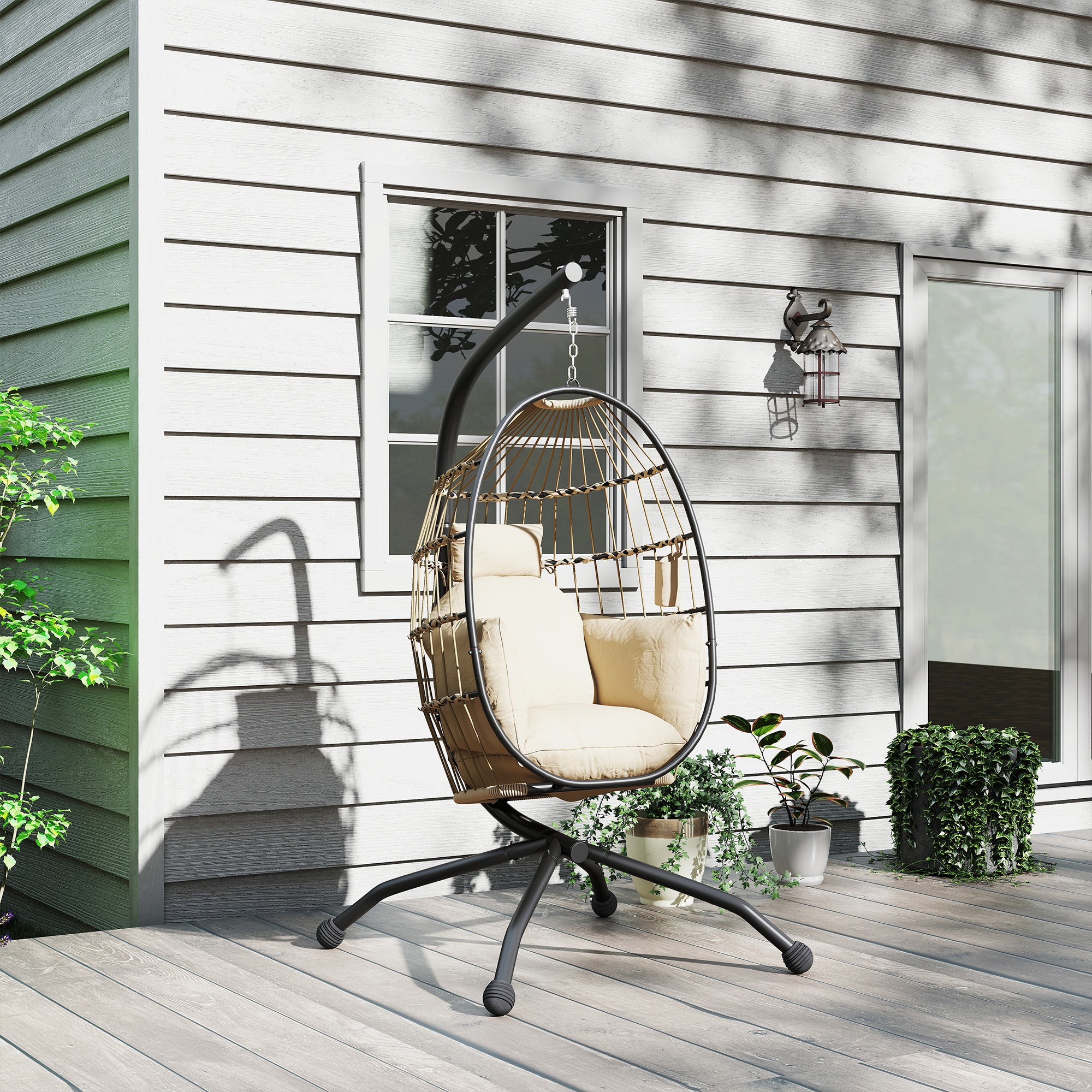 Outsunny Hanging Egg Chair Outdoor Indoor Garden Swing Chair with Folding Basket and Thickened Cushion, Garden Hanging Chair with Stand, Headrest, Cup Holder for Patio, Balcony, Khaki