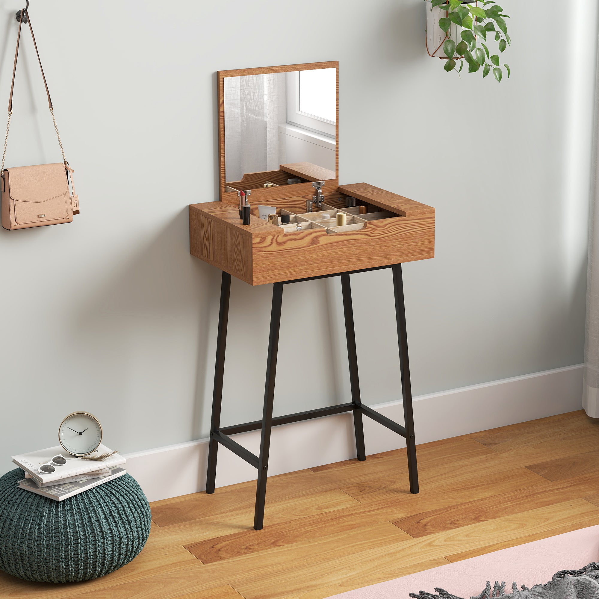 HOMCOM Vanity Desk with Flip-Up Mirror, Industrial Dressing Table with 16 Small Compartments for Bedroom, Natural Wood Effect