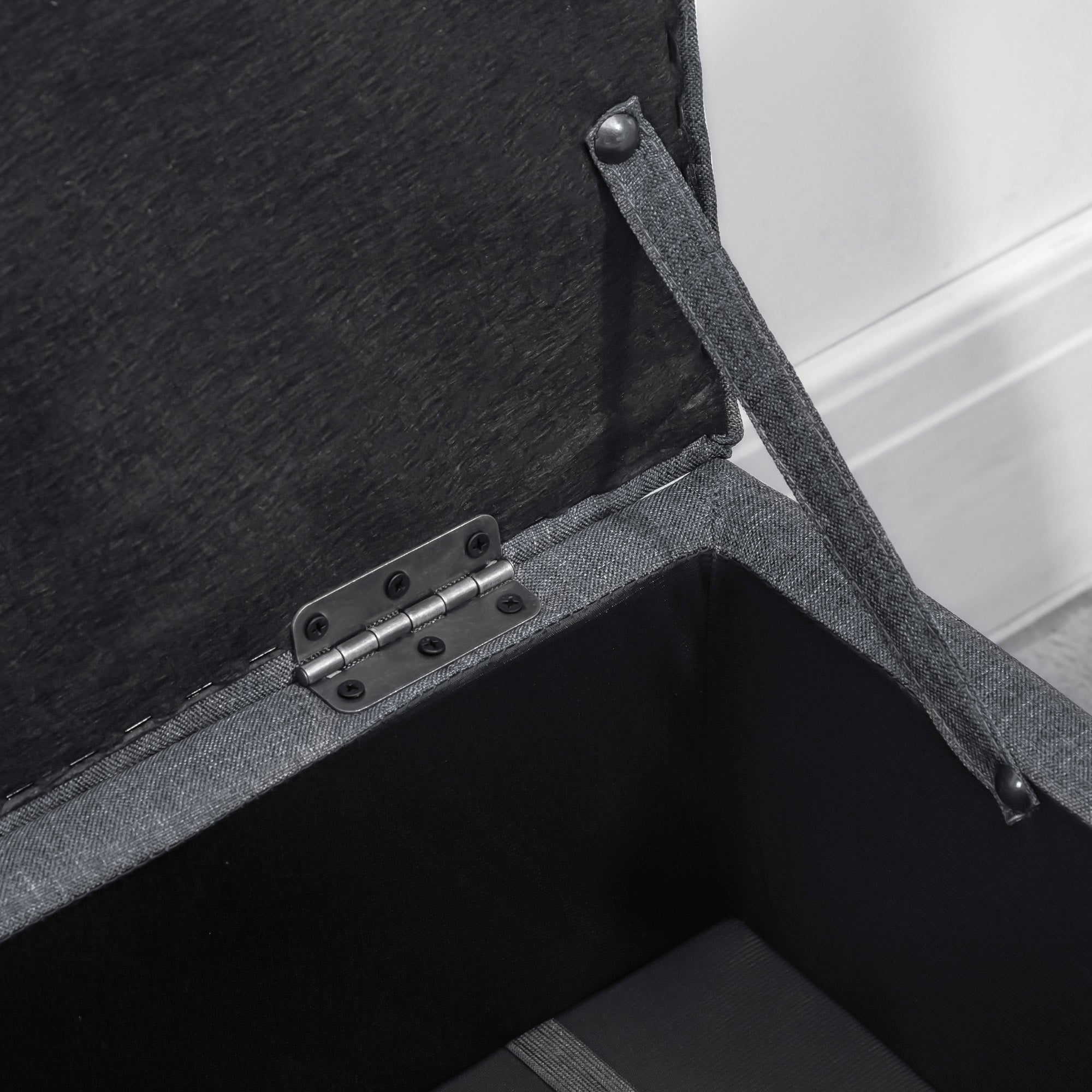 HOMCOM 30L Linen Storage Ottoman Padded Footstool with Rubberwood Legs for Storage Box, Bed End, Shoe Bench, Seating, Dark Grey