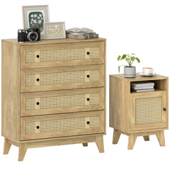 HOMCOM Chest of Drawer with 4 Rattan Drawers, Beside Table with Door, Natural