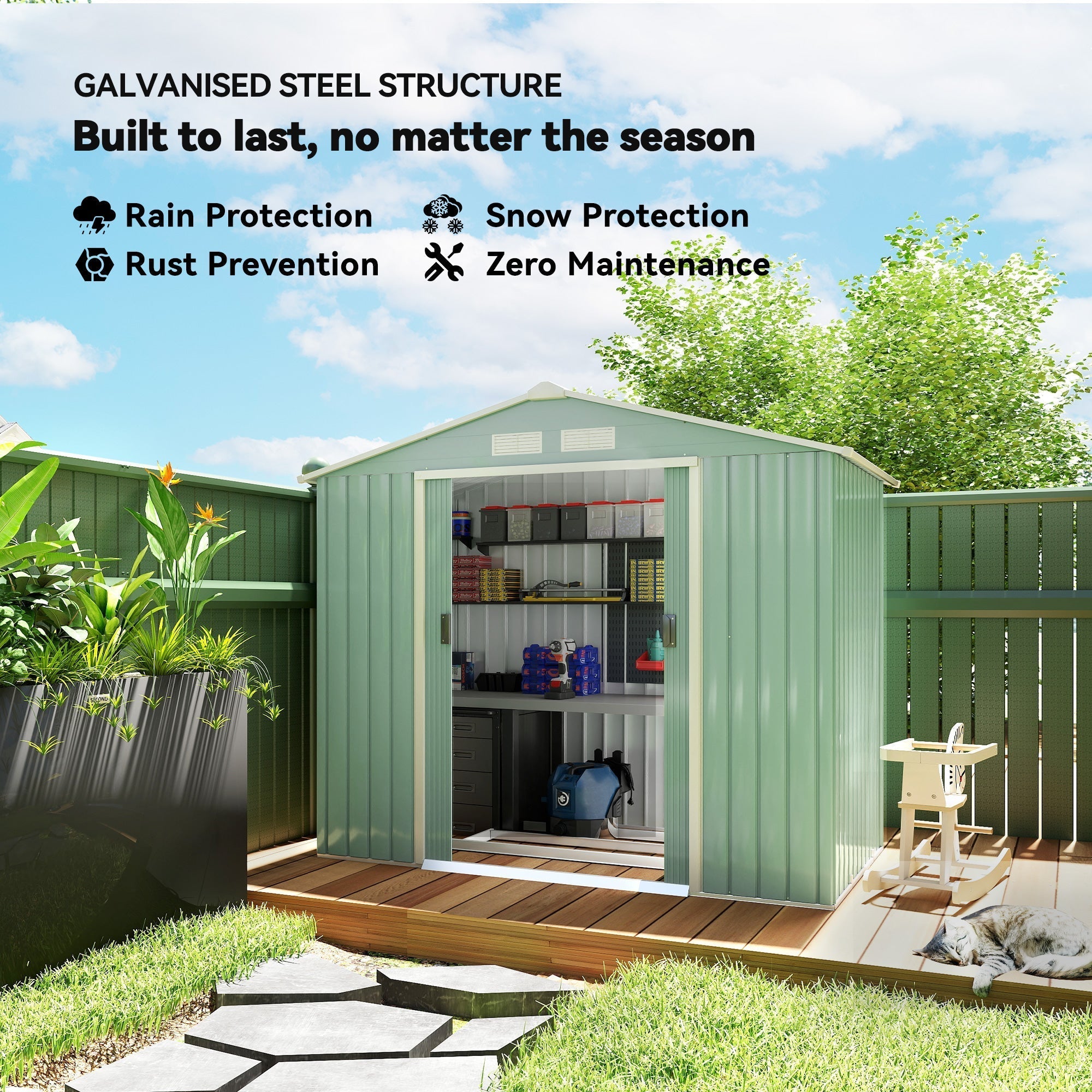 Outsunny 7 x 4ft Metal Garden Shed, Outdoor Storage Tool House with Ventilation Slots, Foundation Kit and Lockable Double Doors, Light Green