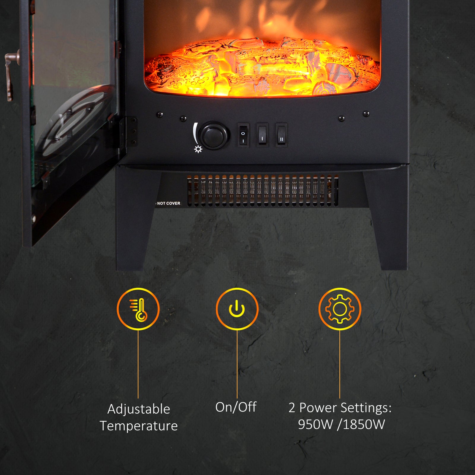 HOMCOM Tempered Glass Casing Electric Fireplace, Freestanding Electric Fire with Realistic Flame Effect, Log Burner with Overheat Protection, 1000w/ 2000W, Black