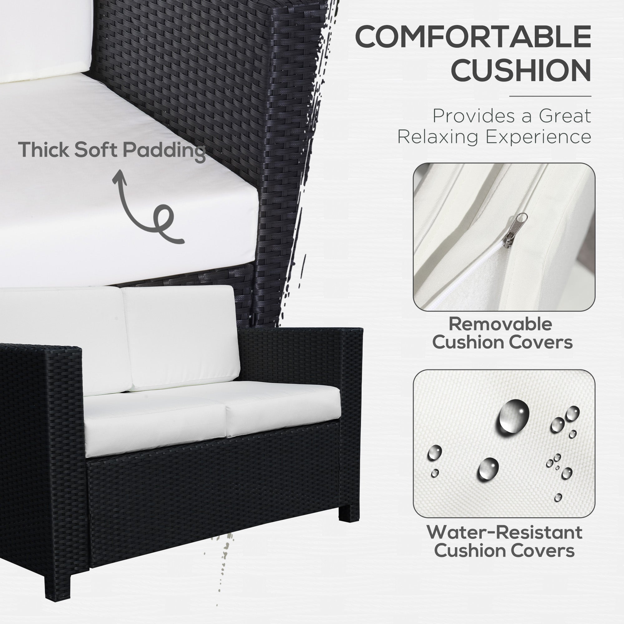 Outsunny Rattan Sofa, 2 Seater Garden Furniture with Soft Padded Cushion and Armrests, Wicker Garden Loveseat for Patio, Black