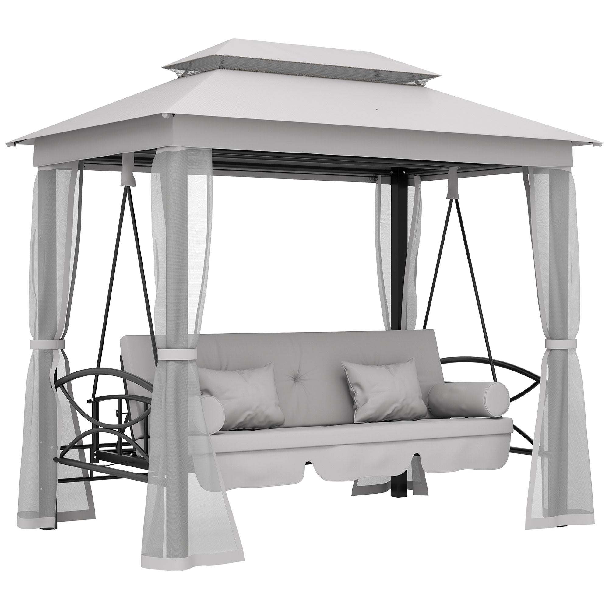 Outsunny 3 Seater Convertible Swing Chair, Outdoor Gazebo Swing Seat Bed with Double Tier Canopy, Cushioned Seat, Mesh Sidewalls, Light Grey
