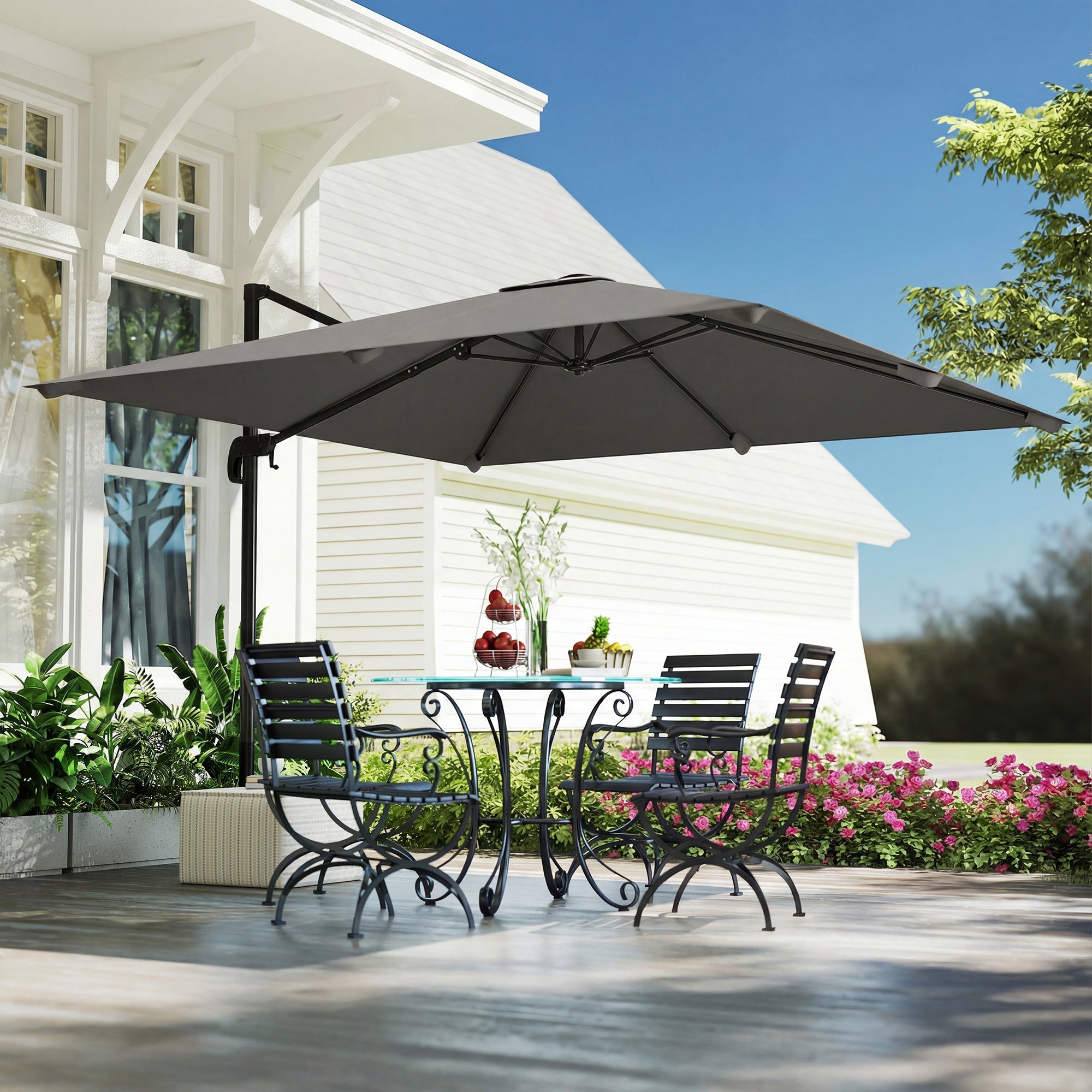 Outsunny 3 x 3 m Cantilever Parasol, Square Patio Umbrella with Crank Handle, Cross Base, Tilt, 360Â° Rotation, Dark Grey