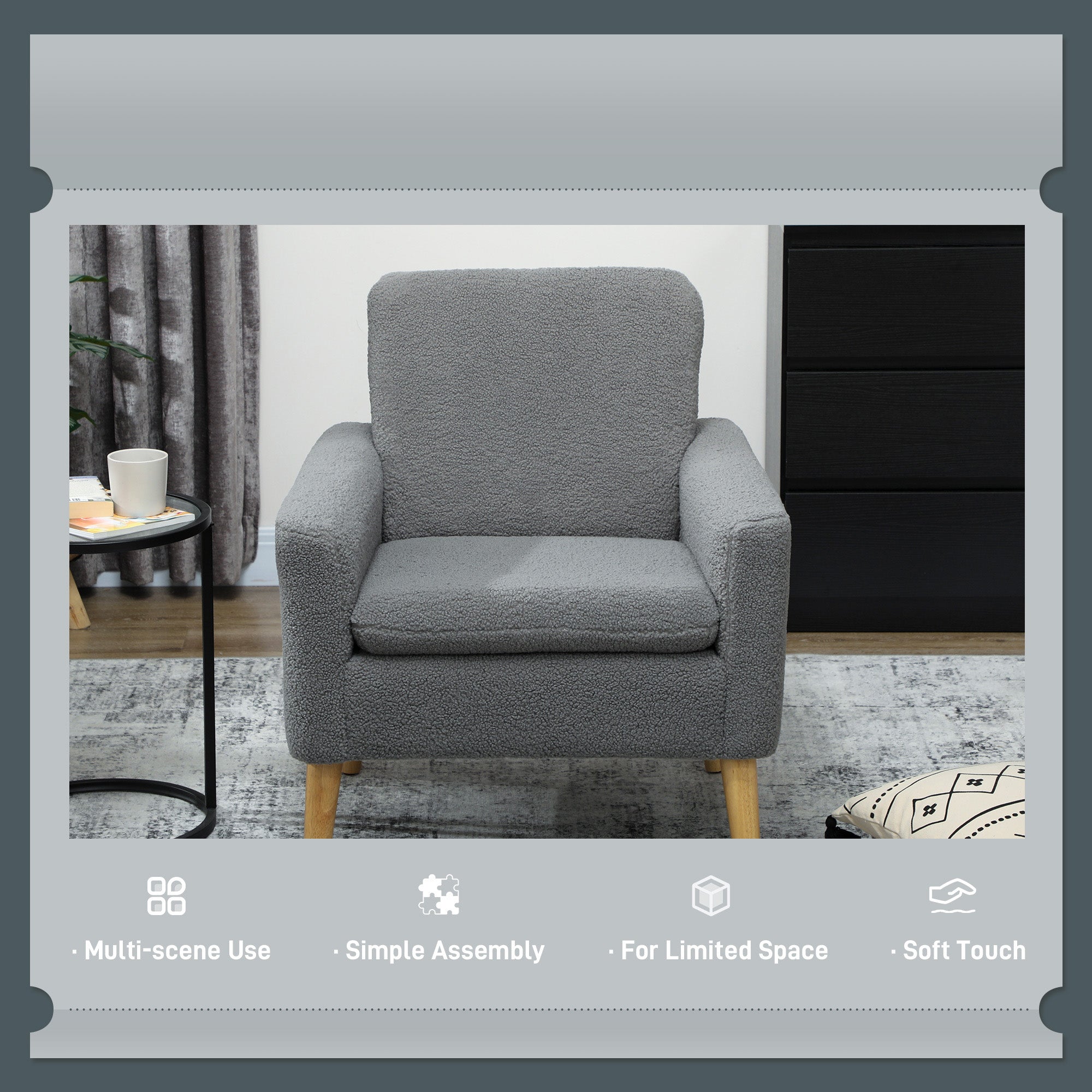 HOMCOM Armchair, Upholstered Accent Chair with Wood Legs and Wide Padded Seat, Teddy Occasional Chair, Grey