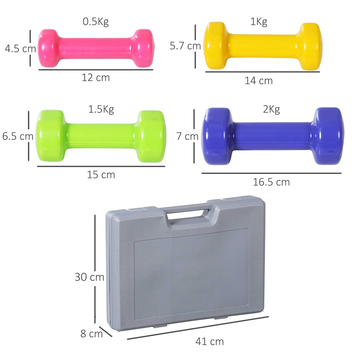 HOMCOM 10KG Dumbbells Set with Carry Case, Hand Weights for Women and Men Home Gym Weight Lifting Training, Red, Yellow, Green, Purple