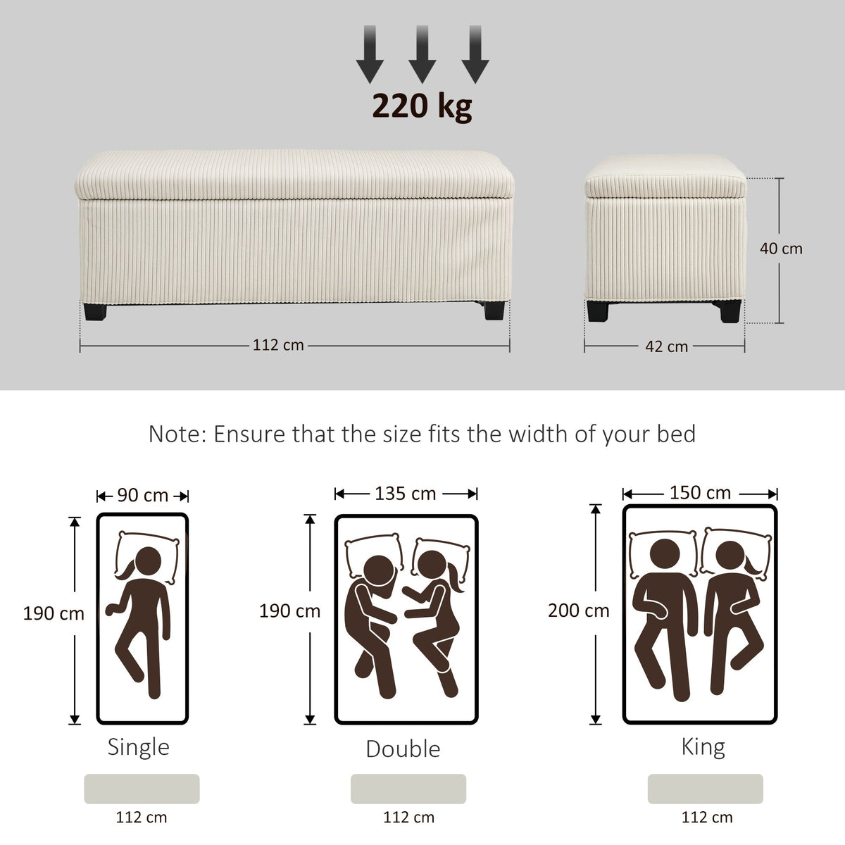 HOMCOM Storage Ottoman Bench, Corduroy Footstool with Removable Lid and Legs, 112cm Storage Chest Box for Living Room, Bedroom, Hallway, Beige