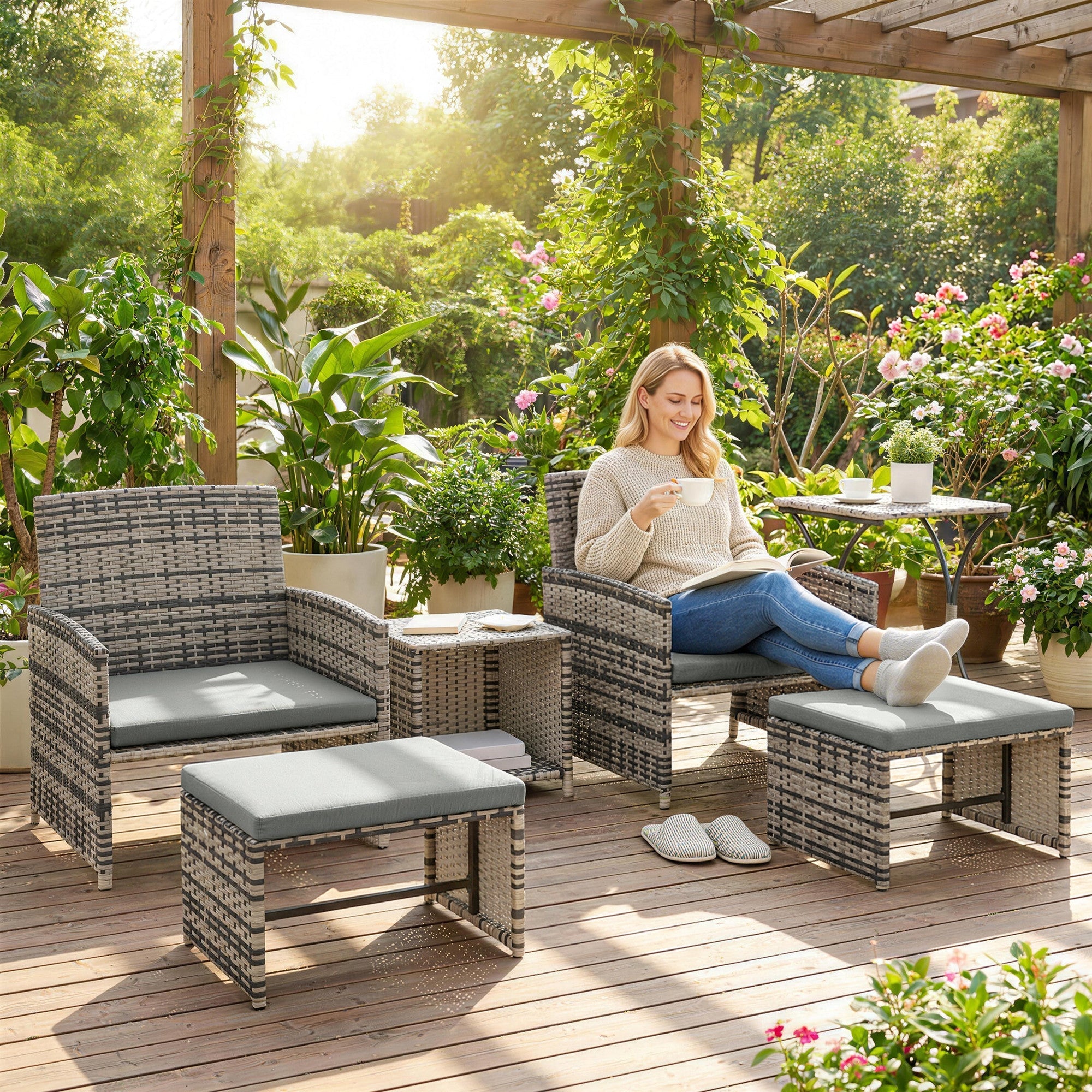 Outsunny 6 Piece Rattan Garden Furniture, Space-Saving Patio Furniture Set with Nesting Tables, Chairs, Stools, Cushions, Grey