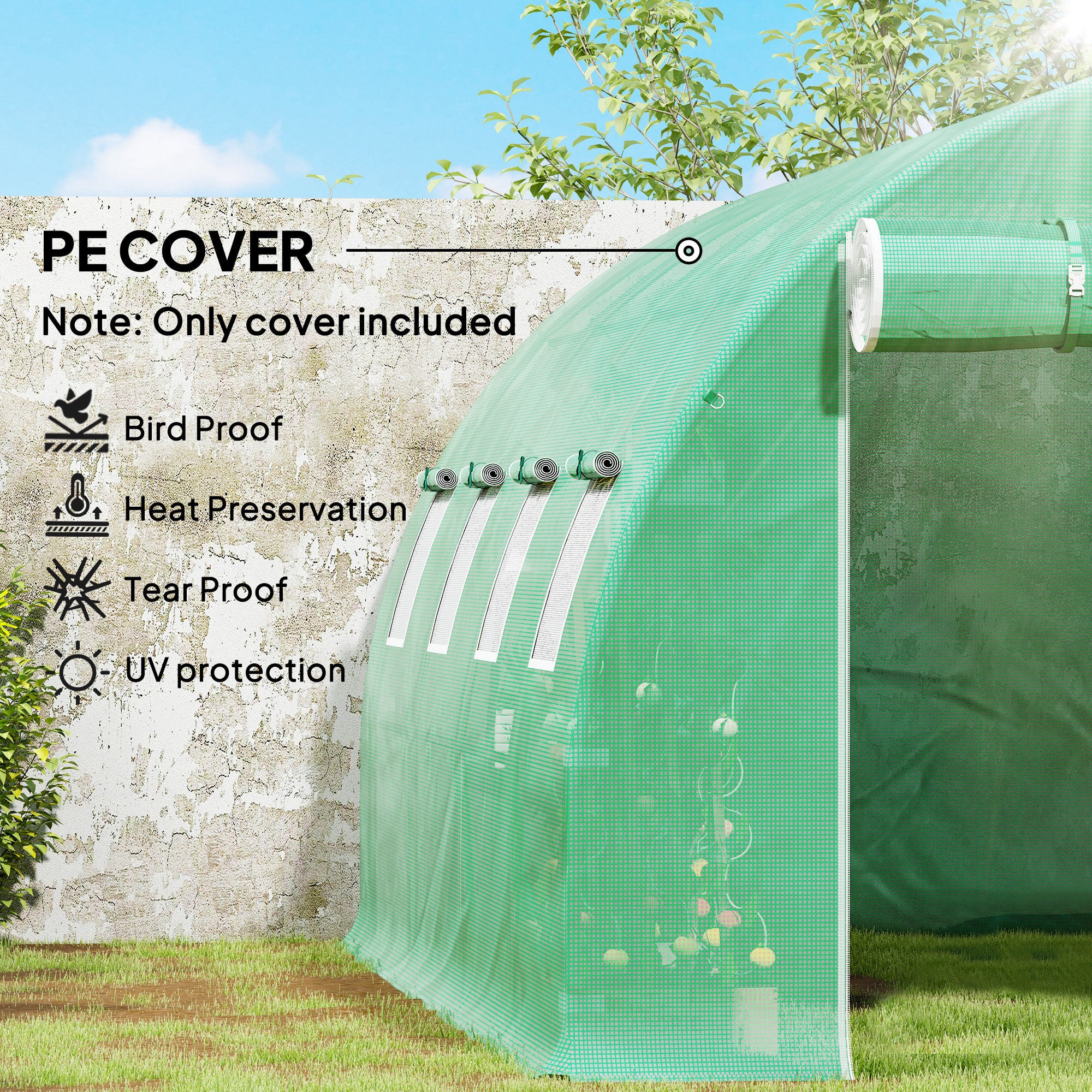 Outsunny 4 x 3 x 2m Greenhouse Replacement Cover ONLY Winter Garden Plant PE Cover for Tunnel Walk-in Greenhouse with Roll-up Windows Door Outdoor, Green