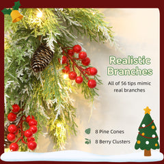 HOMCOM 60 cm Prelit Christmas Wreath, Door Wreath with Realistic Branches, 30 Warm White LEDs, Timer, Battery Operated