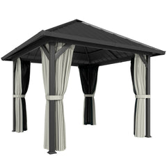 Outsunny 3 x 3(m) Hardtop Gazebo with Galvanised Steel Roof and Water Gutter, Waterproof Permanent Pavilion Garden Gazebo with Netting and Curtains for Patio, Deck, Black