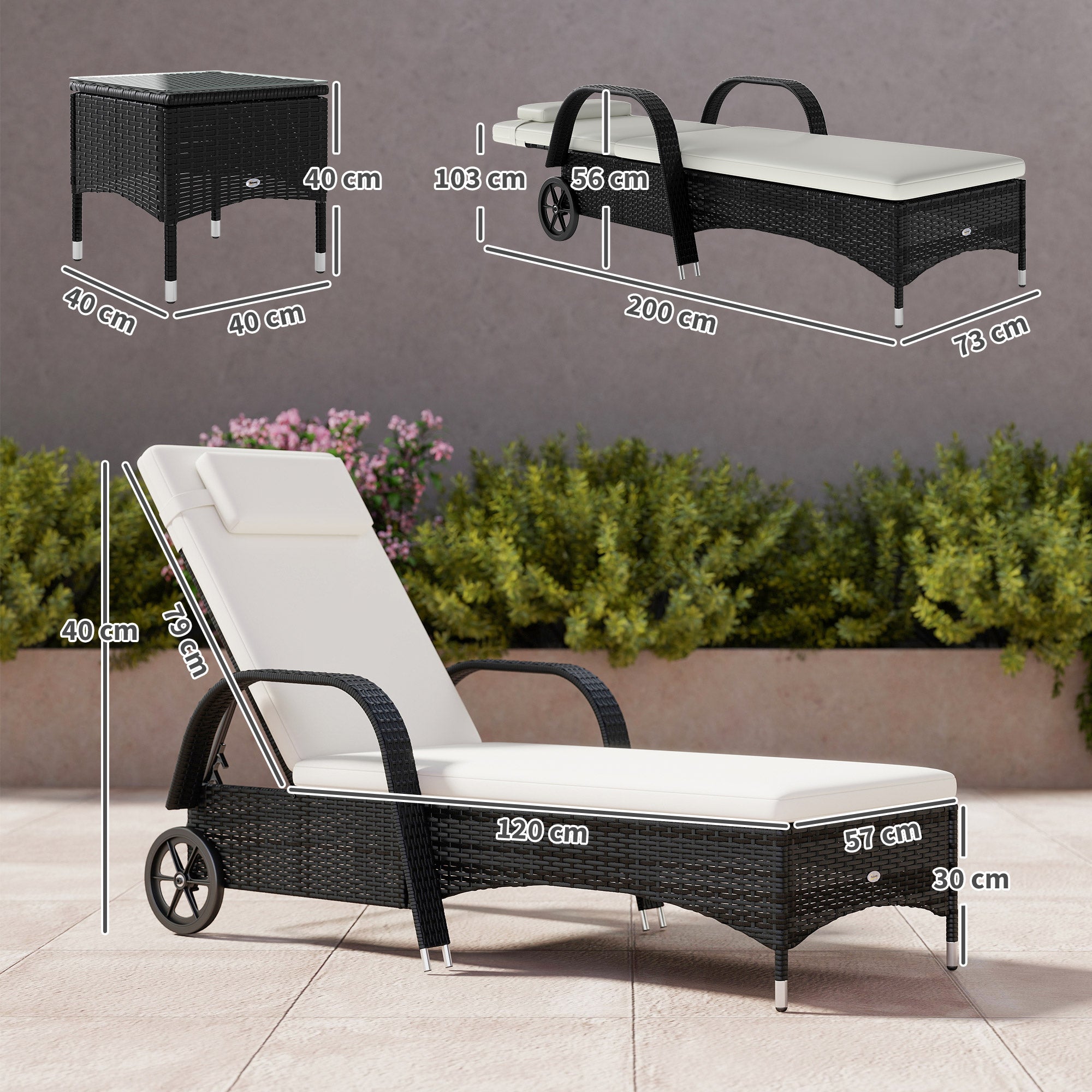 Outsunny 2 Seater Rattan Sun Lounger Set with Side Table Black