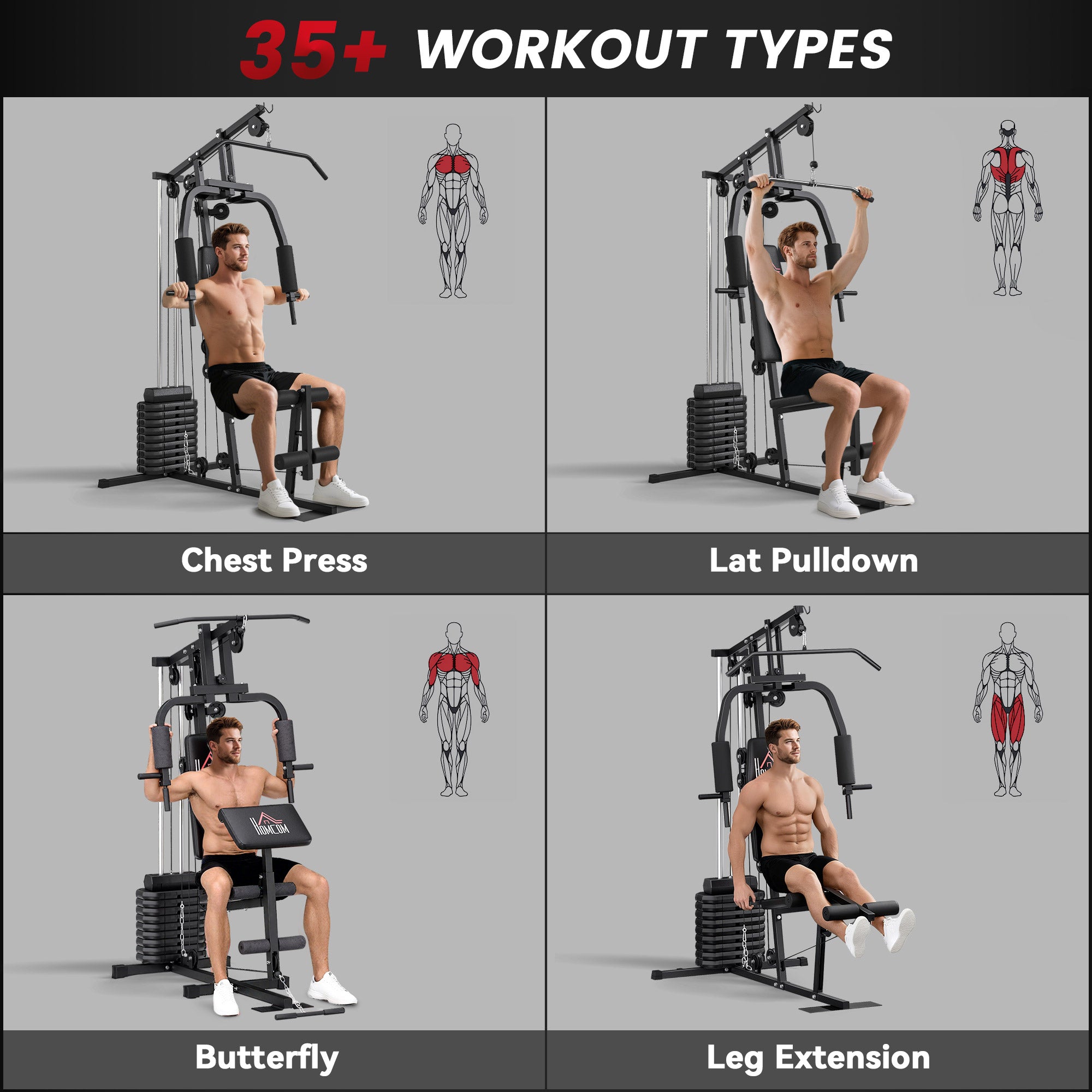 HOMCOM Multifunction Home Gym Machine, with 45kg Weight Stacks, for Strength Training