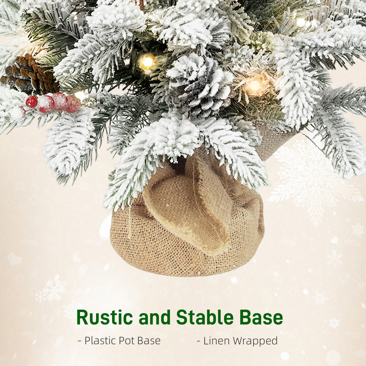 HOMCOM 60 cm Prelit Small Christmas Tree with 35 LED Lights, Snow Flocked Tabletop Mini Xmas Tree with Pine Cones, Berry Clusters and Linen Cover Base, Battery Operated, Green