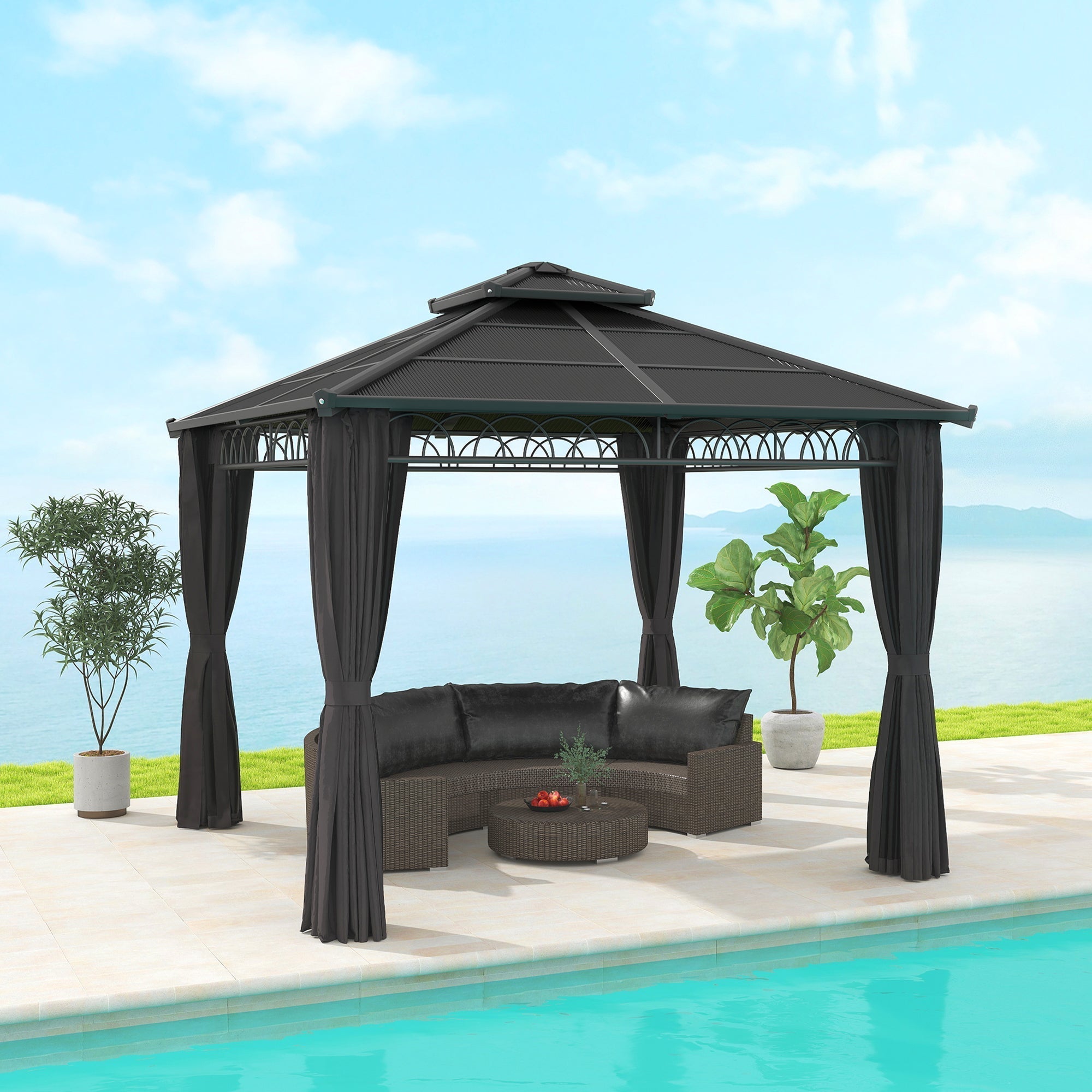 Outsunny 3 x 3 (m) Outdoor Polycarbonate Gazebo, Double Roof Hard Top Gazebo with Galvanised Steel Frame, Nettings & Curtains for Garden, Lawn, Patio and Deck, Dark Grey