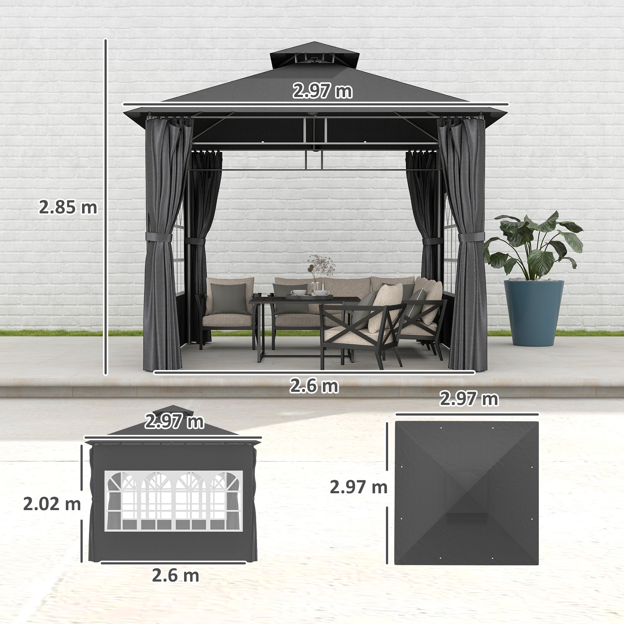 Outsunny 3 x 3 m Garden Gazebo, Double Roof Metal Gazebo with Removable Sidewalls and Church Windows, Outdoor Canopy Shelter, Dark Grey