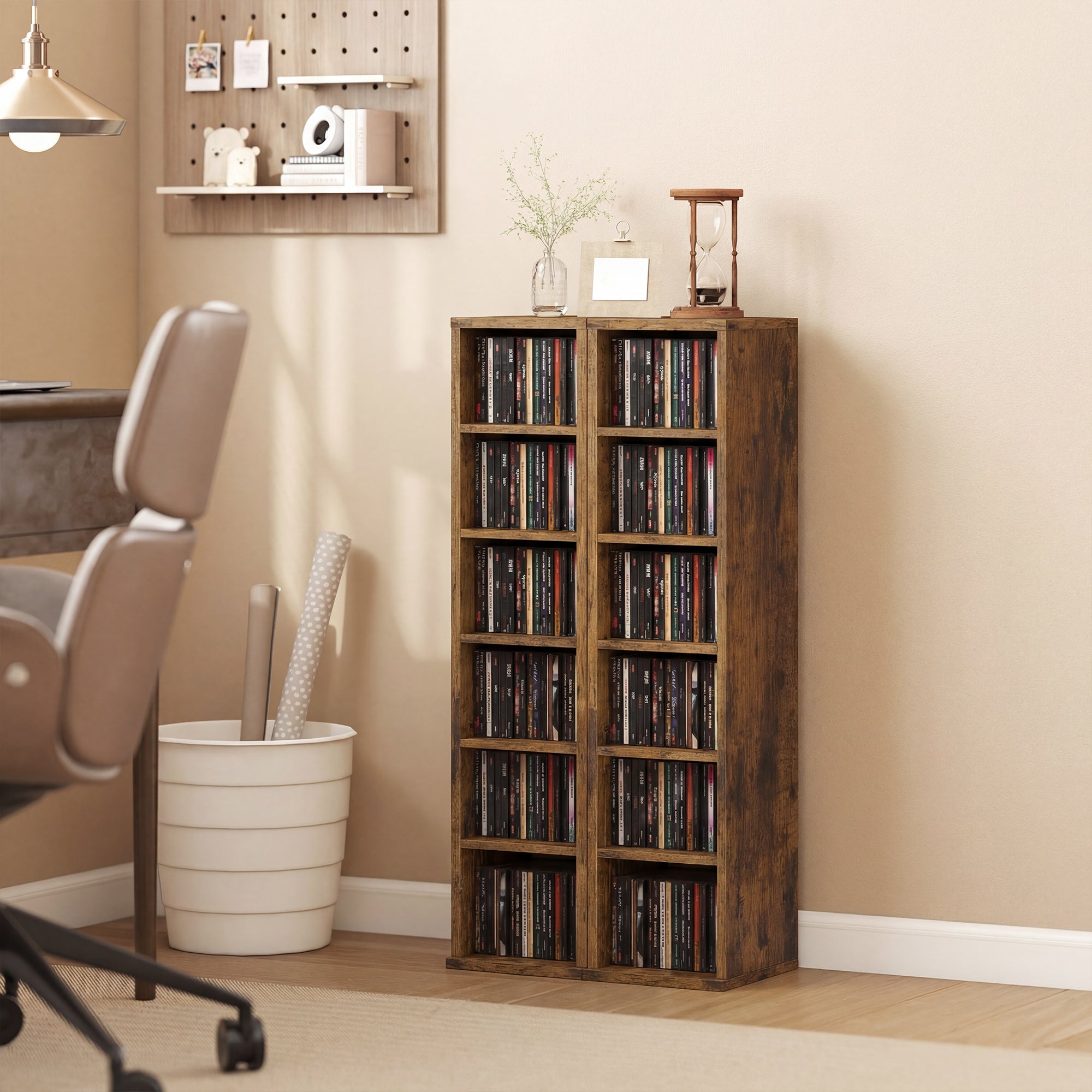HOMCOM Set of 2 CD Media Display Shelf Unit Tower Rack with Adjustable Shelves, Rustic Brown
